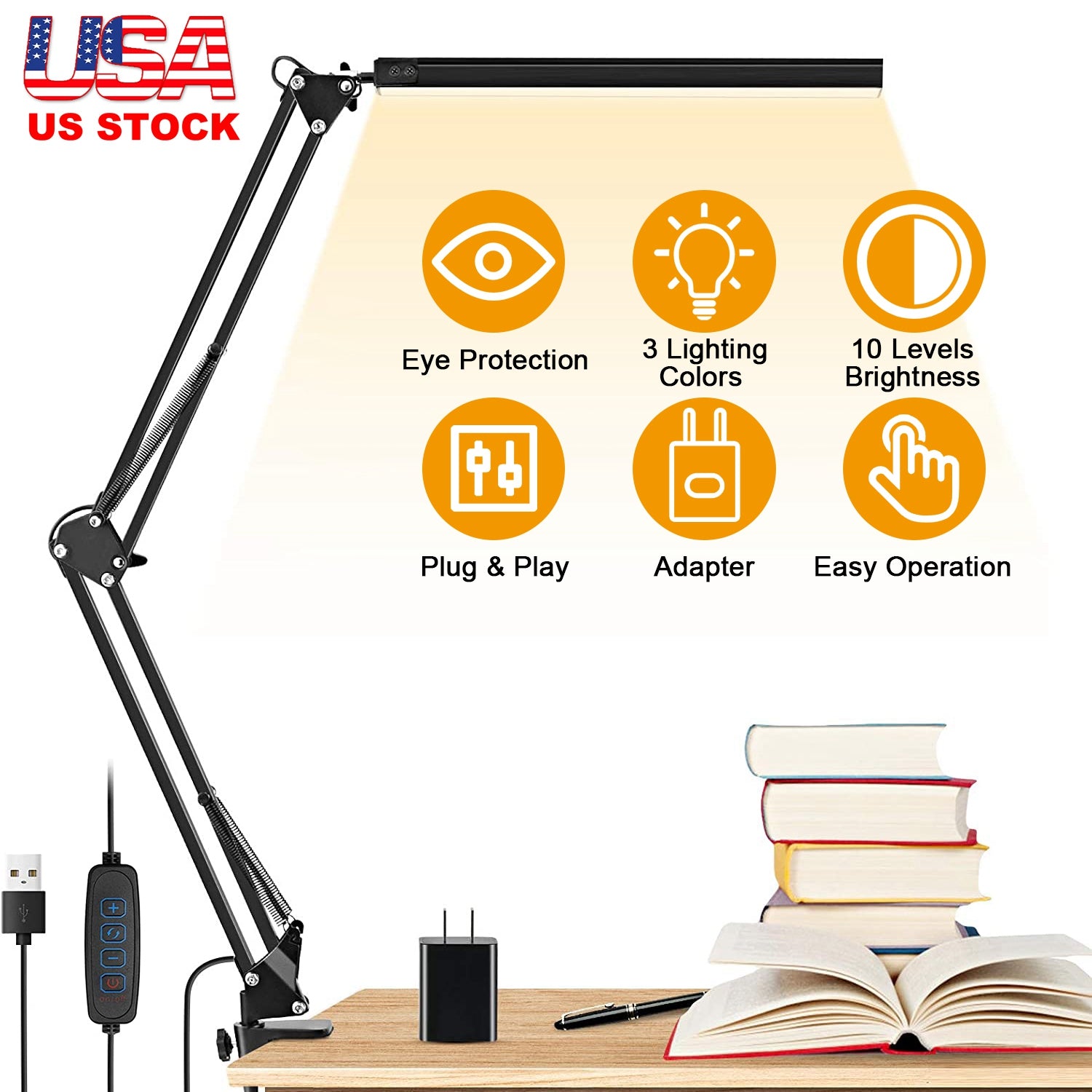 LED Reading Desk Lamp with Clamp Adjustable Swing Arm 3 Modes 10 Brightness Table Light 360 Degree Rotation Lighting Head for Home Office