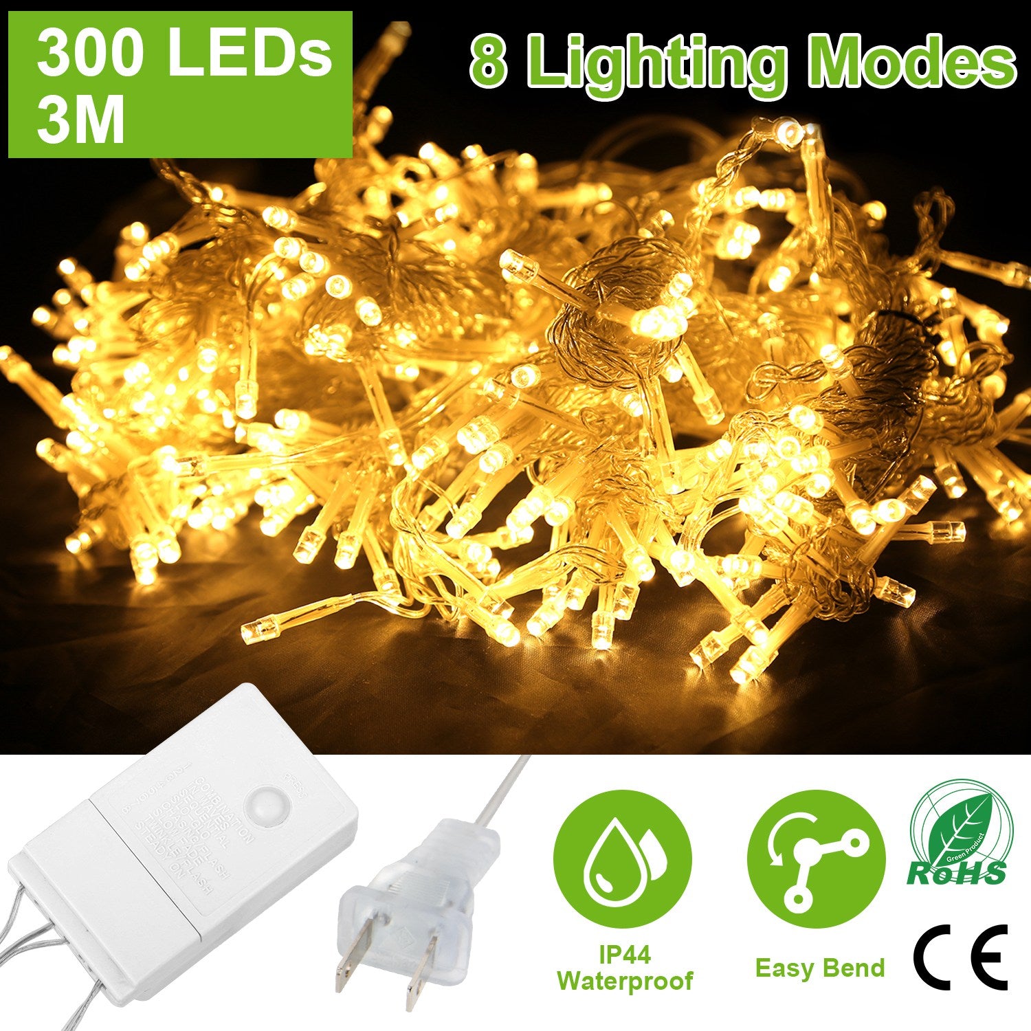 3M 300 LEDs String Curtain Light IP44 String Fairy Lights Party Xmas Decor Lamps W/ Remote 