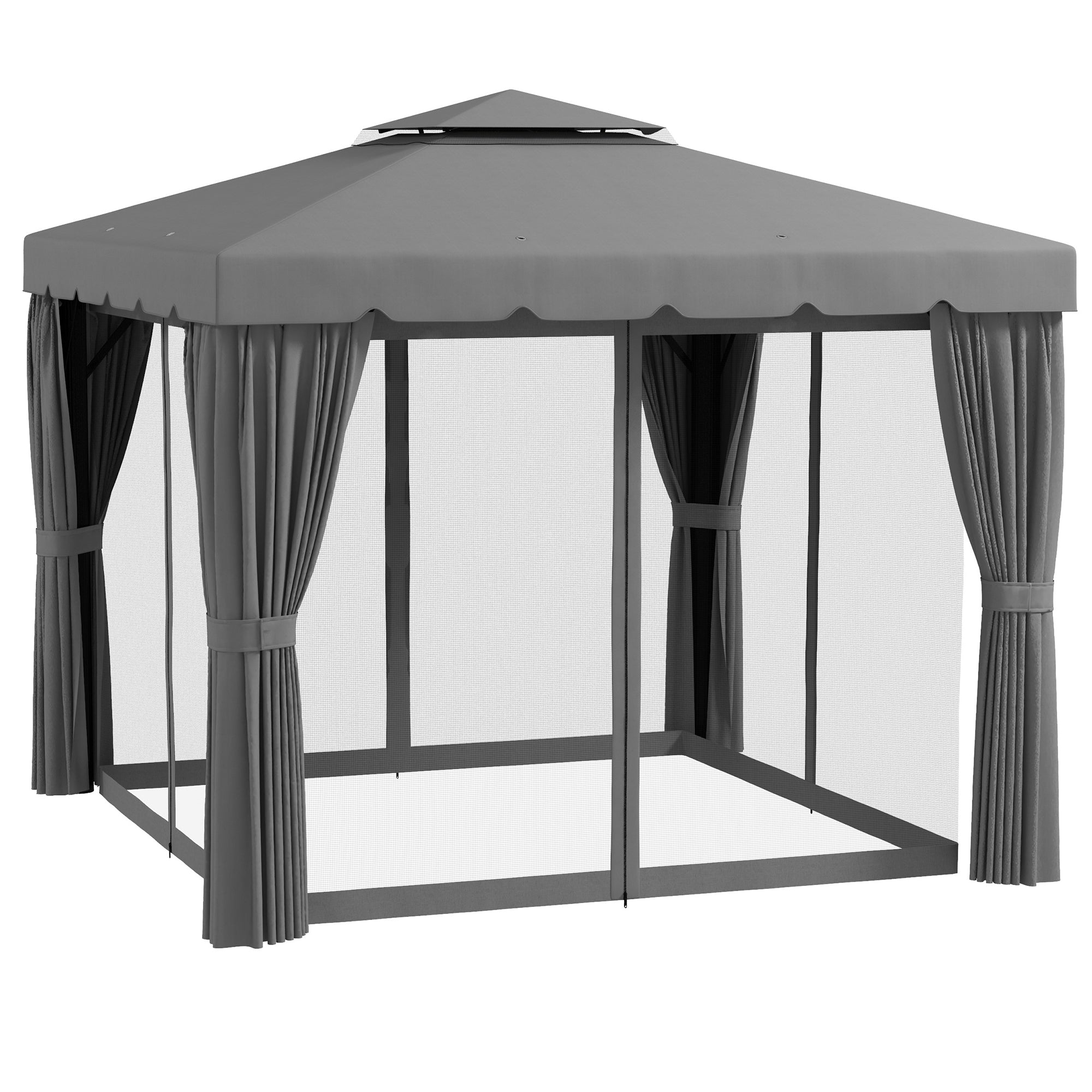 Outsunny 10' x 10' Outdoor Patio Gazebo Double Soft-top Garden Shelter with Curtains Mesh Screen Drapes Light Grey 