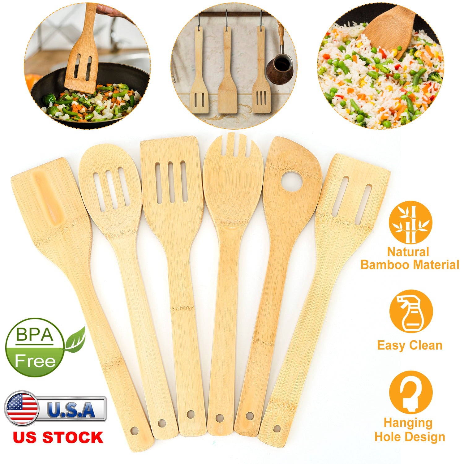 6Pcs Cooking Utensil Bamboo Wooden Spoons Spatula Kitchen Cooking Tools Nonstick Wooden Cookware Kitchen Gadgets 