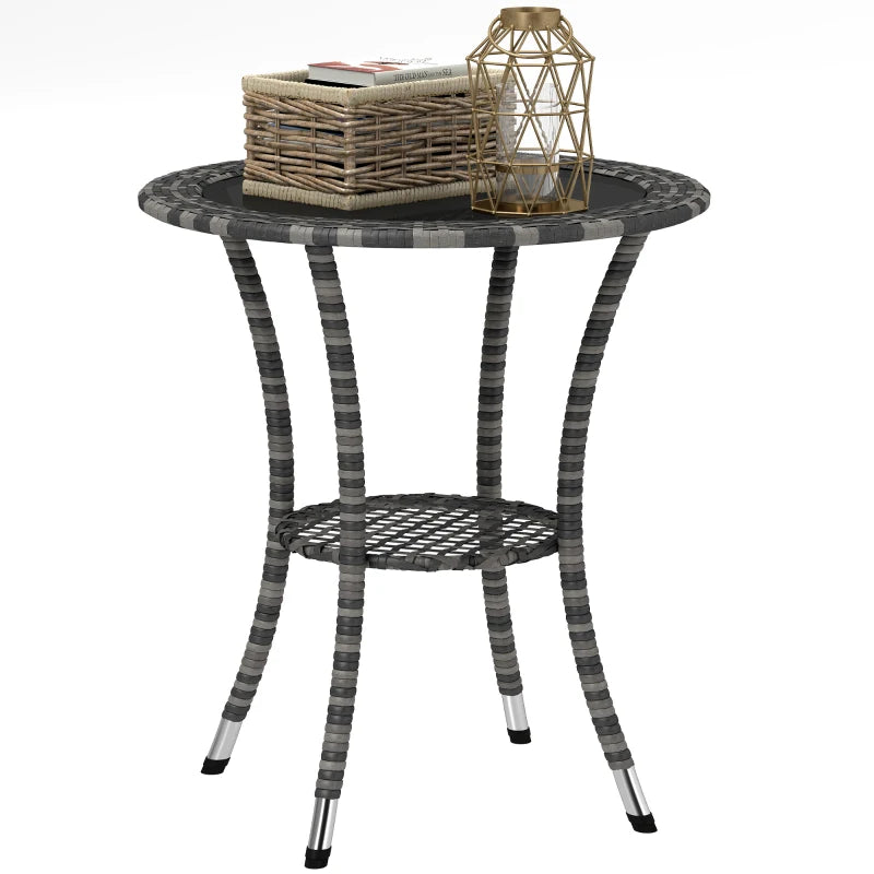 Outdoor Rattan Dining Table, Patio Wicker Round Coffee Table with 2-Tier Storage Shelf, Mixed Grey