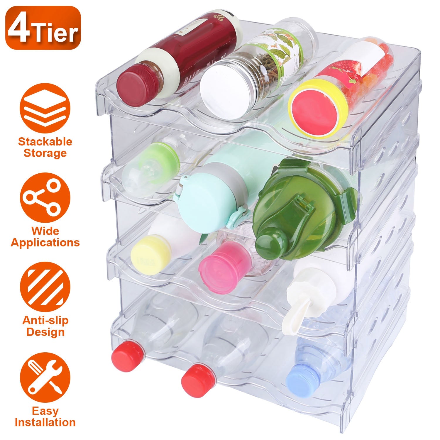 4 Tier Bottle Storage Holder 12 Bottles Transparent Stackable Bottle Organizer Standing Drink Holder Shelf for Kitchen Fridge Cabinet Pantry 