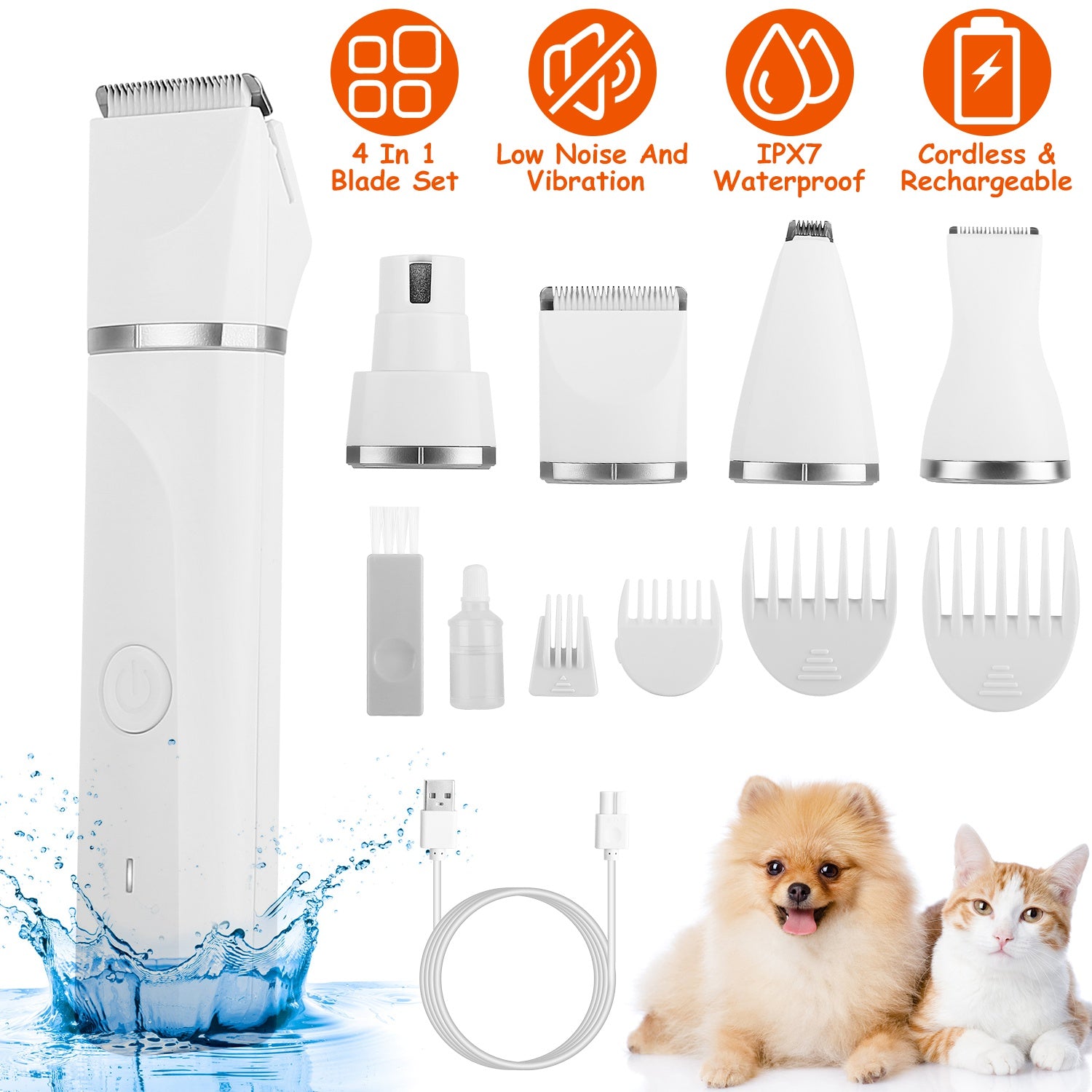 4 In 1 Electric Pet Dog Cat Grooming Kit Cordless Rechargeable Pet Hair Trimmer Shaver Set Low Noise Nail Grinder with 4 Guide Combs