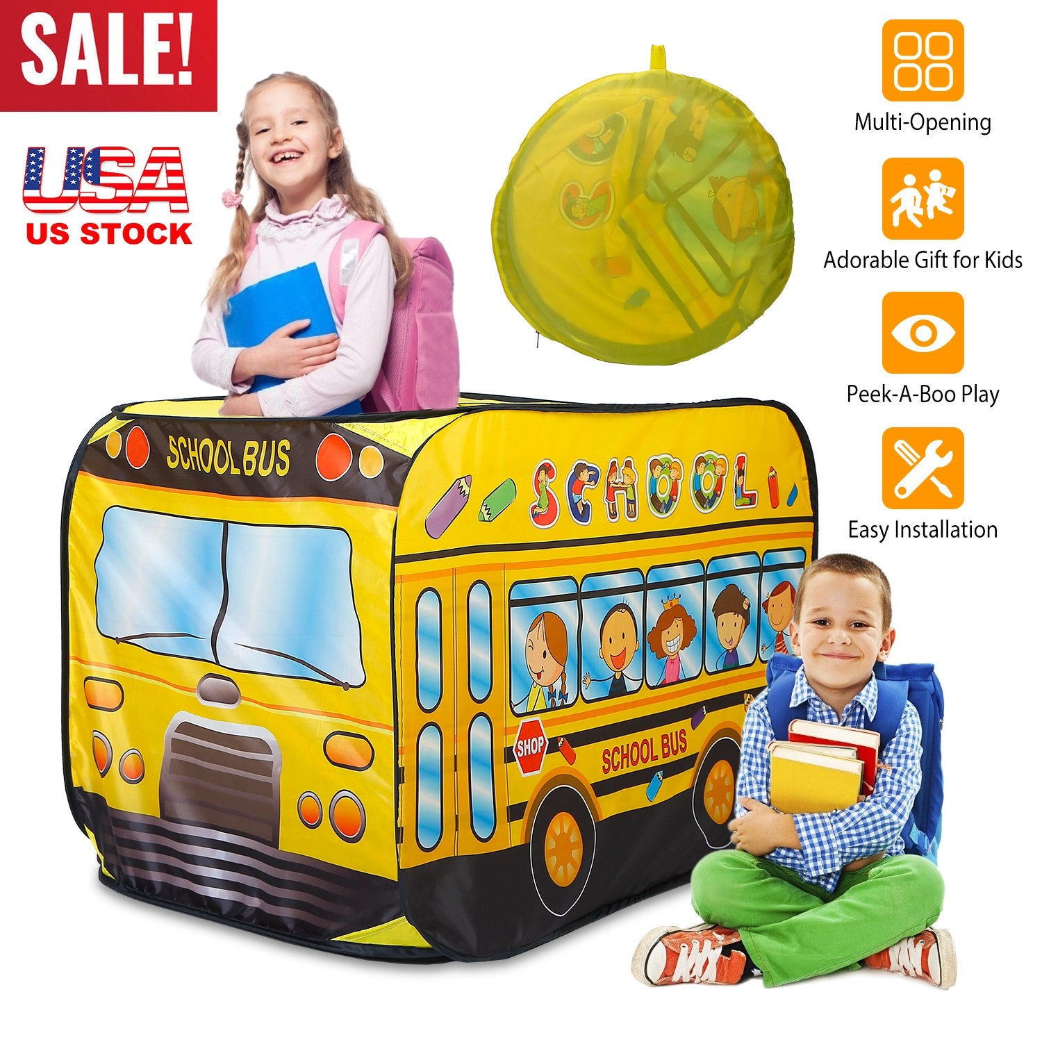 Kids Play Tent Foldable Pop Up Ice Cream Bus Tent Portable Children Baby Play House W/ Carry Bag For Indoor Outdoor Use 