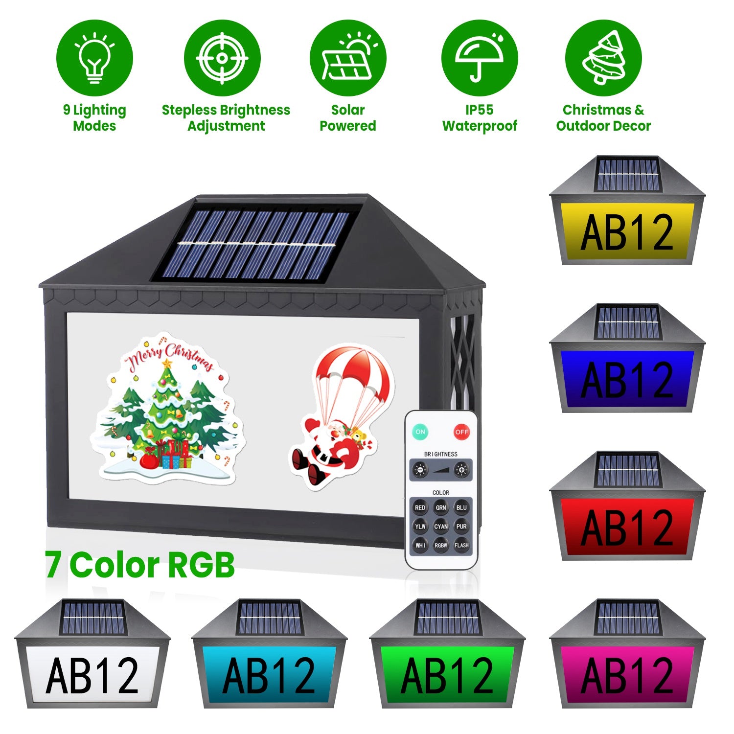 Christmas Solar Address Sign IP55 Waterproof Colorful House Numbers Plaque Wall Mounted LED Address Sign with 9 Lighting Modes Remote Control for Yard