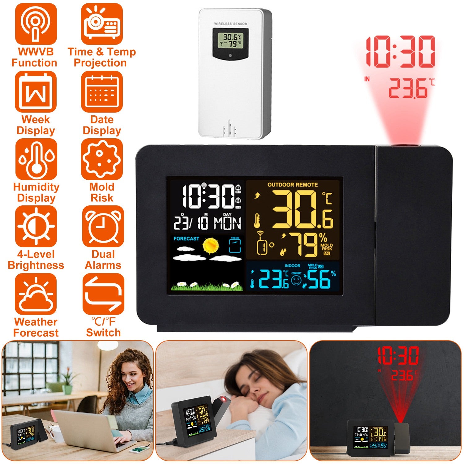 Atomic Projection Alarm Clock Radio Control Clock with WWVB Function Weather Station Dual Alarms Snooze Outdoor Wireless Temperature Humidity Sensor