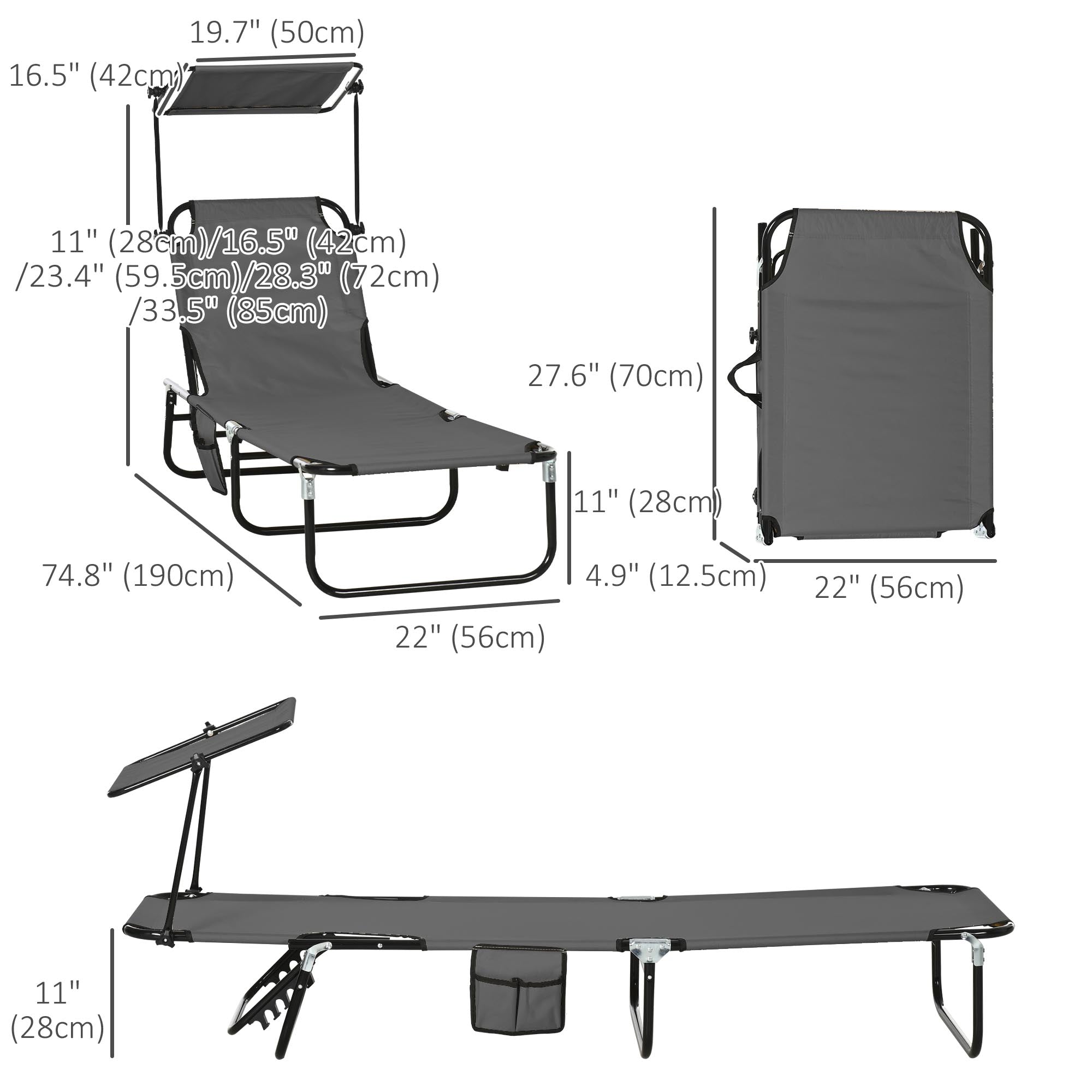 Outsunny 2 Piece Folding Outdoor Chaise Lounges, Pool Tanning Chairs with Reclining Back, Sunshade for Beach, Patio, Dark Grey 