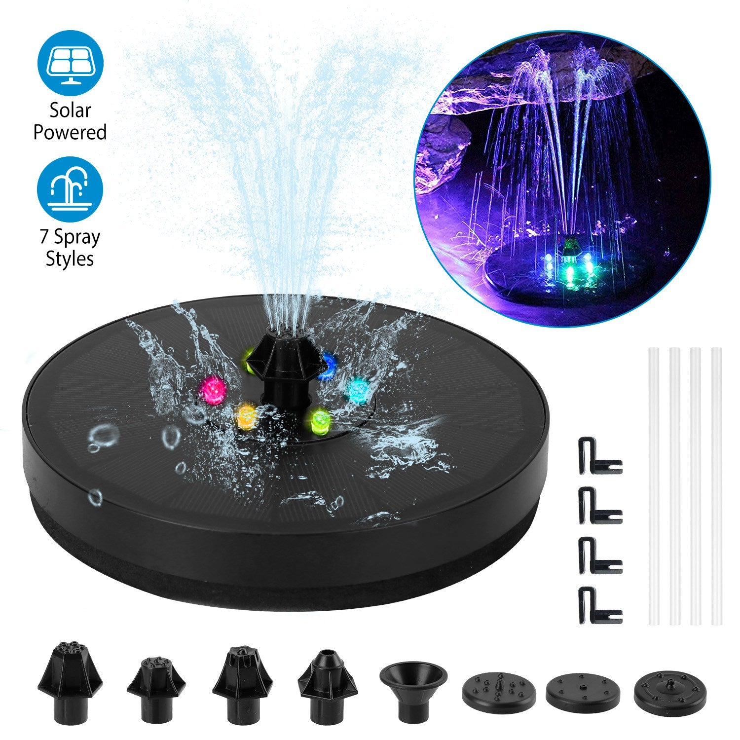 Solar Powered Fountain Pump Floating Bird Bath Pond Pump w/ LED Lights 7 Nozzles For Aquarium Garden Backyard Pond Pool Outdoor 