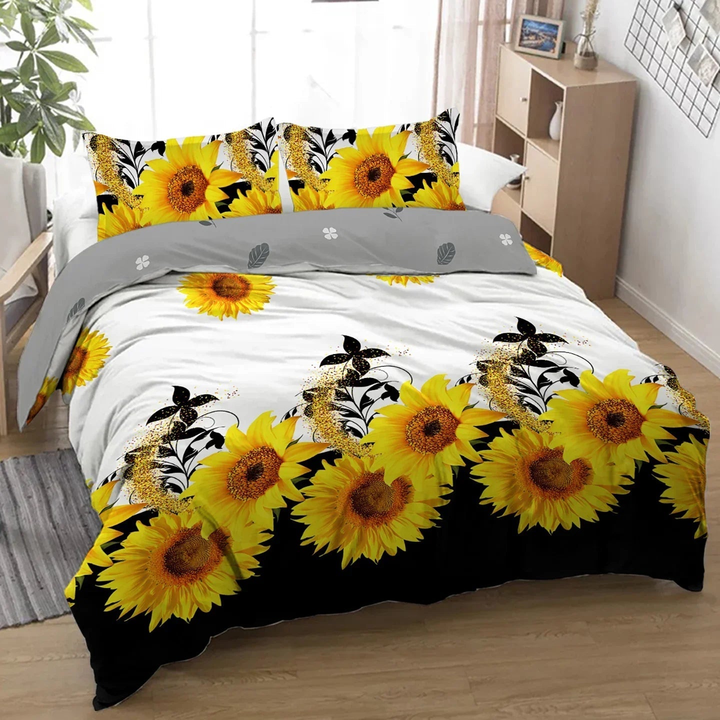 3 Pieces Black And White Background Sunflower Duvet Cover Set Yellow Flower Polyester Bedding Set For Adults Bedroom Decor Twin Full Queen King Size 