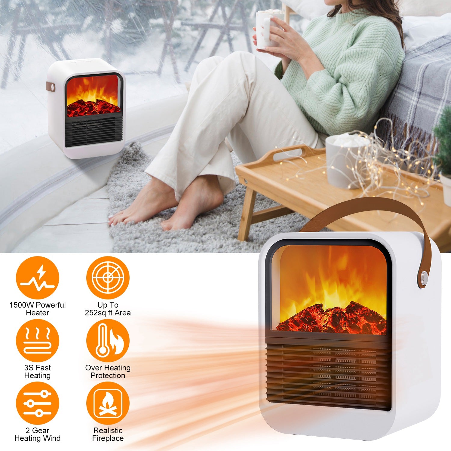 1500W Portable Electric Fireplace Heater 2 Gear Temperature PTC Ceramic Space Heater with Realistic Burning Flame Overheating Tip Over Protection 3S H