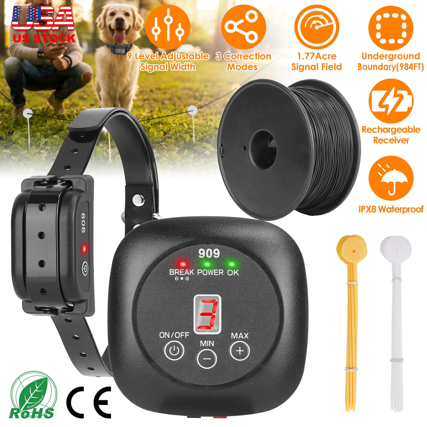 Dog Fence System Pet Containment System with 9 Adjustable Levels IPX8 Waterproof Rechargeable Receiver Underground Fence for Small Medium Large Dog