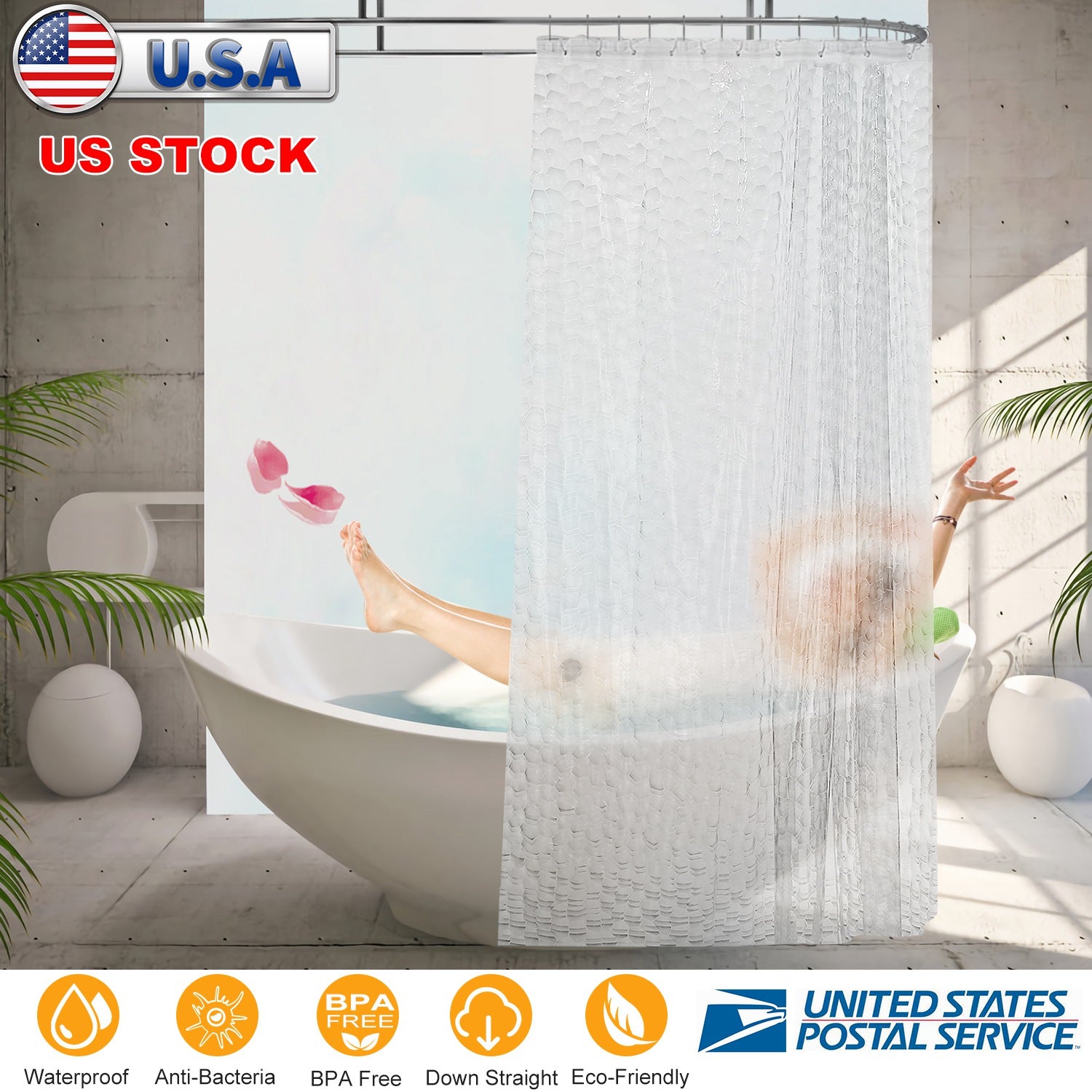 Shower Curtain Waterproof 70x70 Inches Bathroom Shower Curtain Liner EVA Bathroom Curtain w 12 Hooks for Bathtub Shower Stall