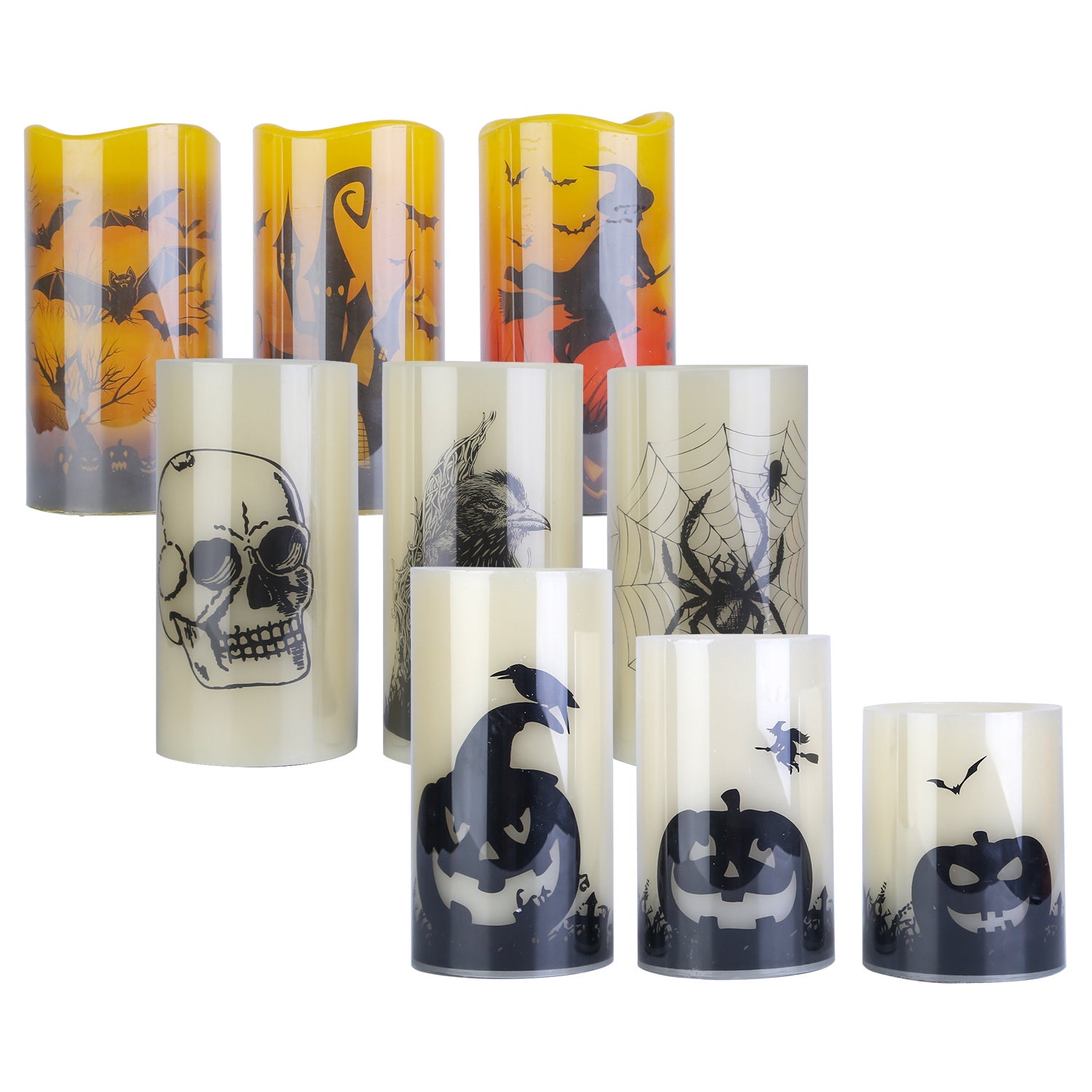 3 Pack Halloween Flameless Candle Lamp with Timer Setting Battery Operated Warm Orange Light Candles for Halloween Party Decoration Spider Crow Skull