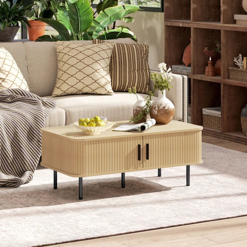 Coffee Table with Storage, Nordic Side Table with Fluted Tambour Sliding Doors and Steel Legs for Living Room, Oak