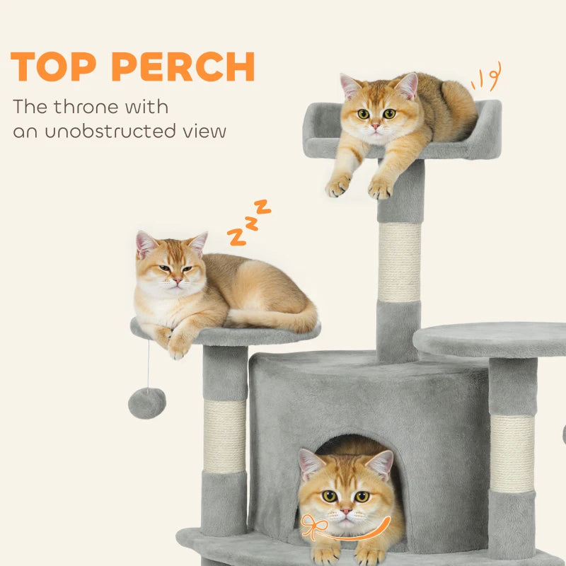 62" Cat Tree with Scratching Post, 2 Condos, Hammock, Perches, Plush, Pompoms, for Indoor Cats, Light Grey
