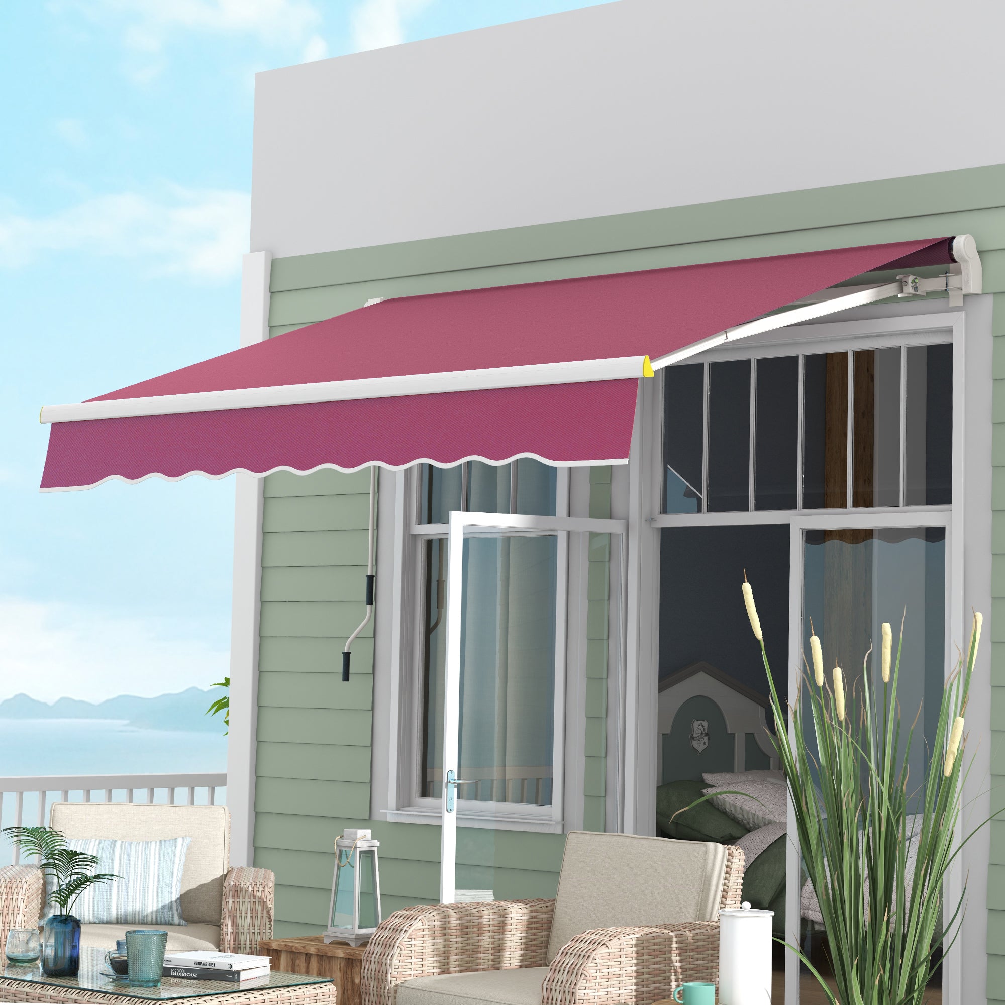 Outsunny 8x6.5 Manual Retractable Awning with LED, Aluminum Sunshade for Patio & Window, UV Protection, Wine Red 