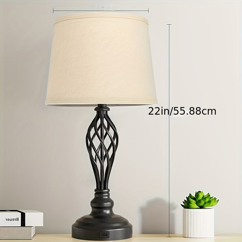 2-Piece Table Lamp Set with USB Port – Farmhouse Style Nightstand Lamps with 3-Color Temperature and Spiral Cage Base, Large Cream Drum Shade for Living Room or Bedroom 