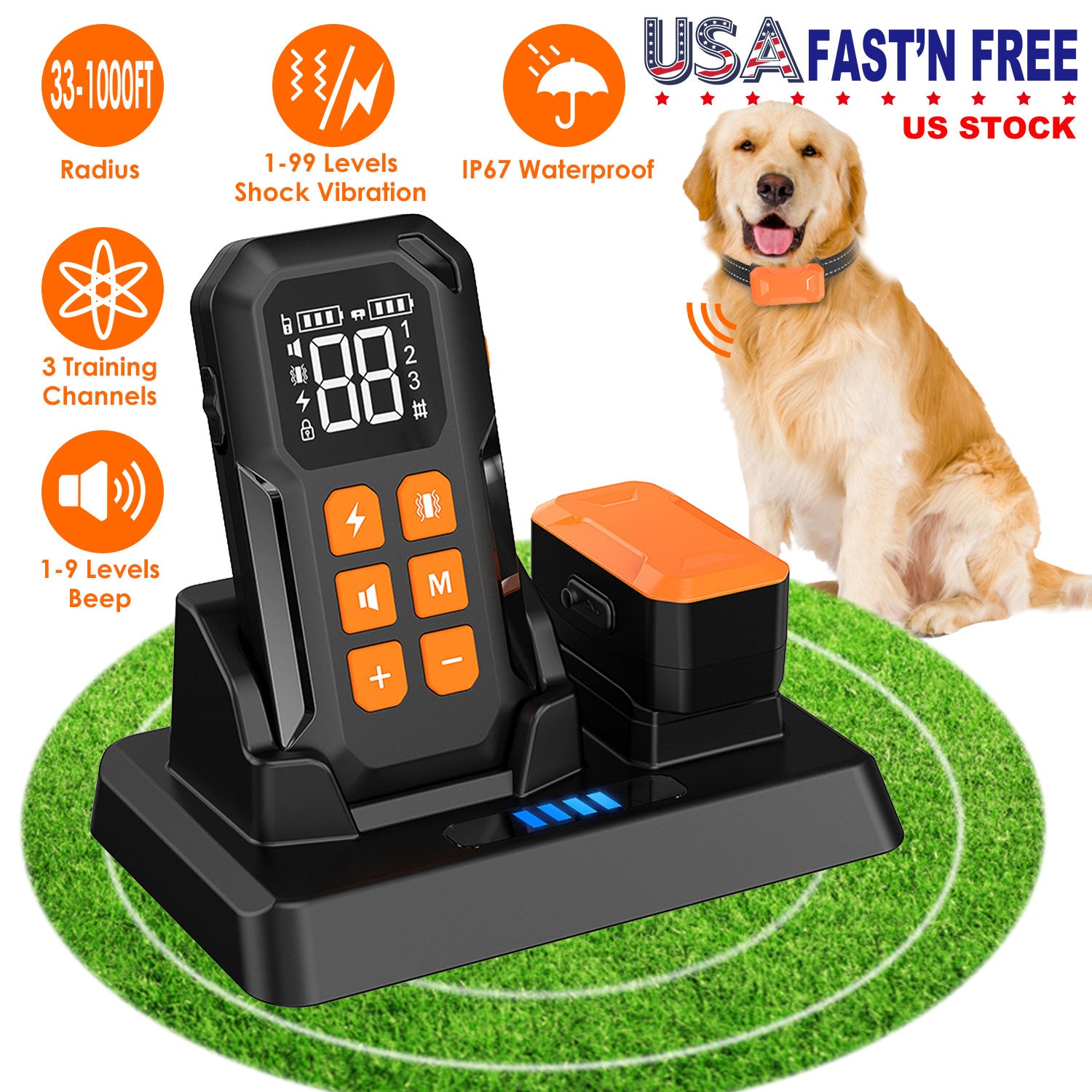 2 In 1 Wireless Electric Dog Fence With Training Collar IP67 Waterproof Pet Beep Vibration Shock Boundary Containment System for Small Medium Large Do