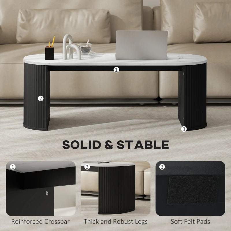 Coffee Table, Modern Marble-Effect Living Room Table with Round Corners and Thicken Legs, Black