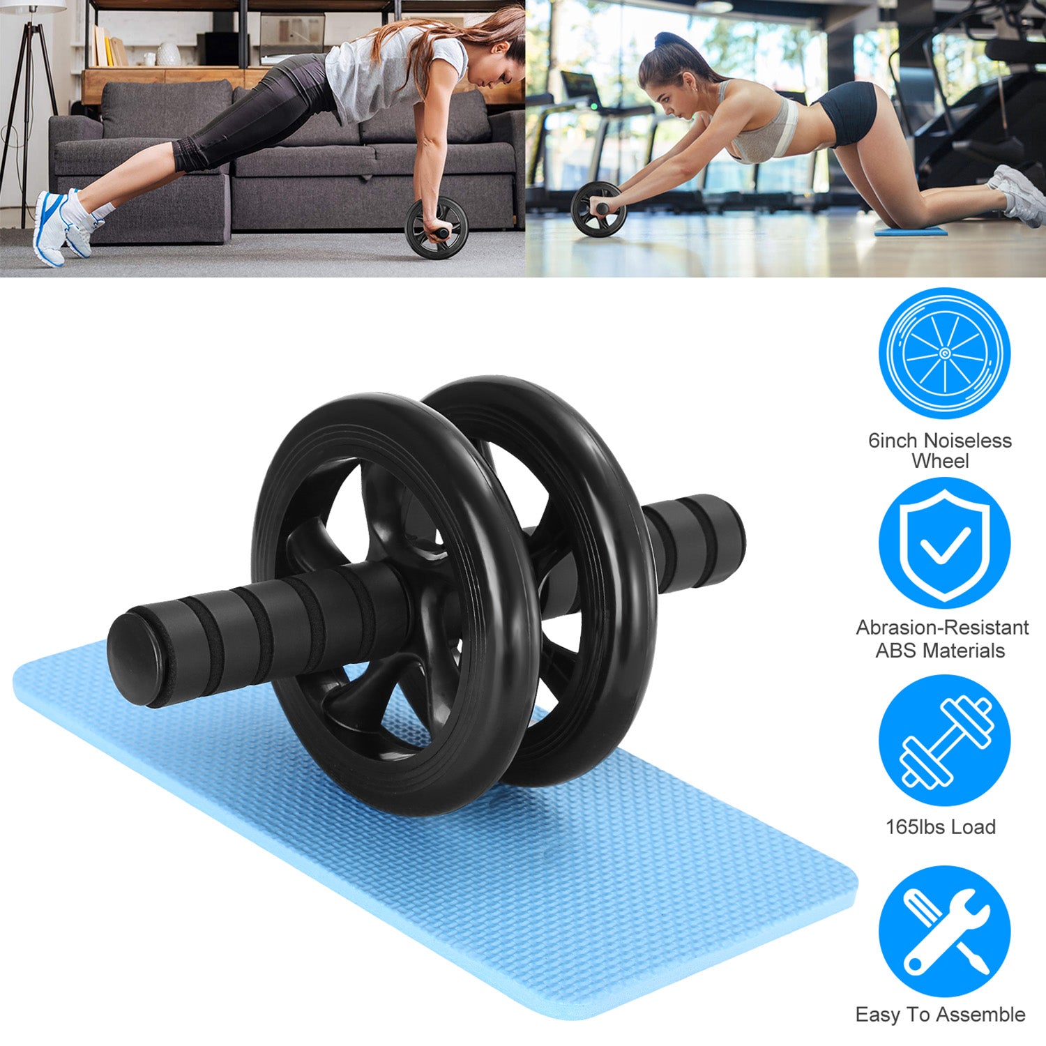 Ab Roller Wheel Fitness Exercise Wheel Roller w/ Knee Pad for Abs Workout Core Strength Exercise Home Gym 