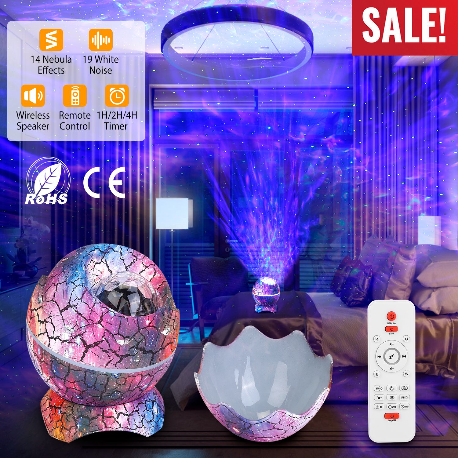 Star Projector Lamp Galaxy Light Dinosaur Egg Light Nebula Star Party Light Lamp with Wireless Speaker White Noise Remote Control