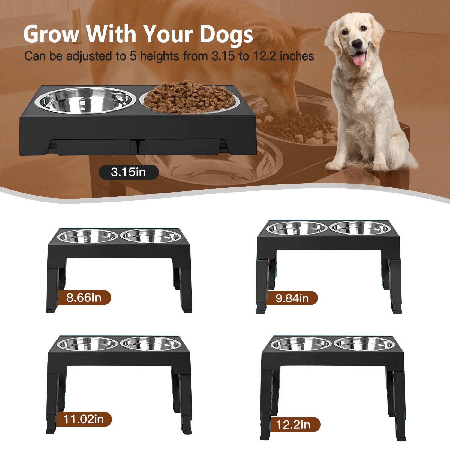 Dog Raised Bowls with 5 Adjustable Heights Stainless Steel Elevated Dog Bowls Foldable Double Bowl Dog Feeder for Small Medium Large Size Dog