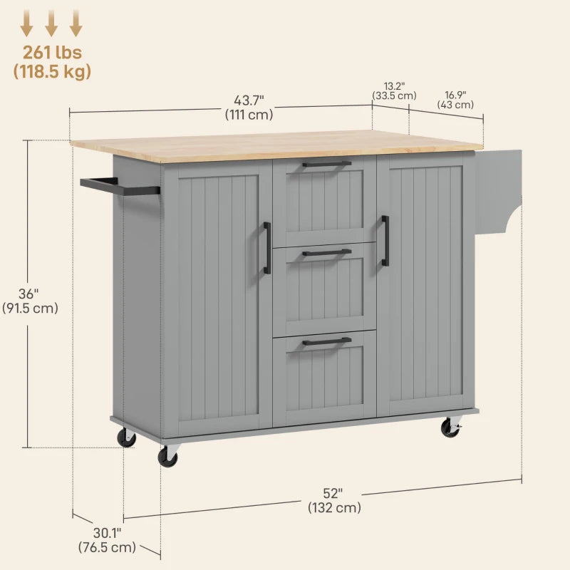 Rolling Kitchen Cart on Wheels with Drop Leaf, Kitchen Island with 3 Drawers, Solid Wood Top and Towel Rack, Grey