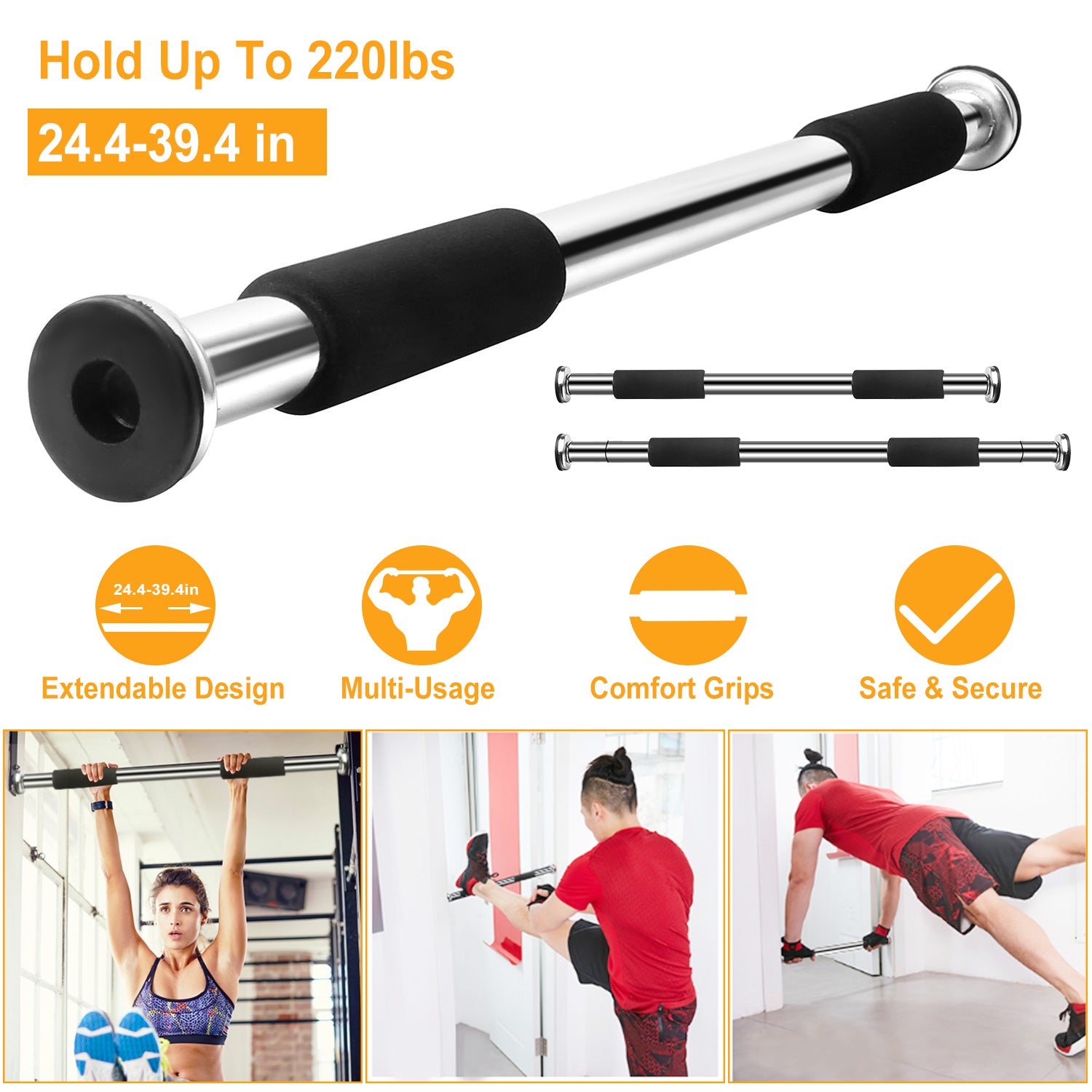 Doorway Pull Up Bar Exercise Gym Chin up Bar With Screws 24.4 To 39.4 Inches Adjustable Comfort Foam Grips For Door Home Exercise Workout Training Fit 