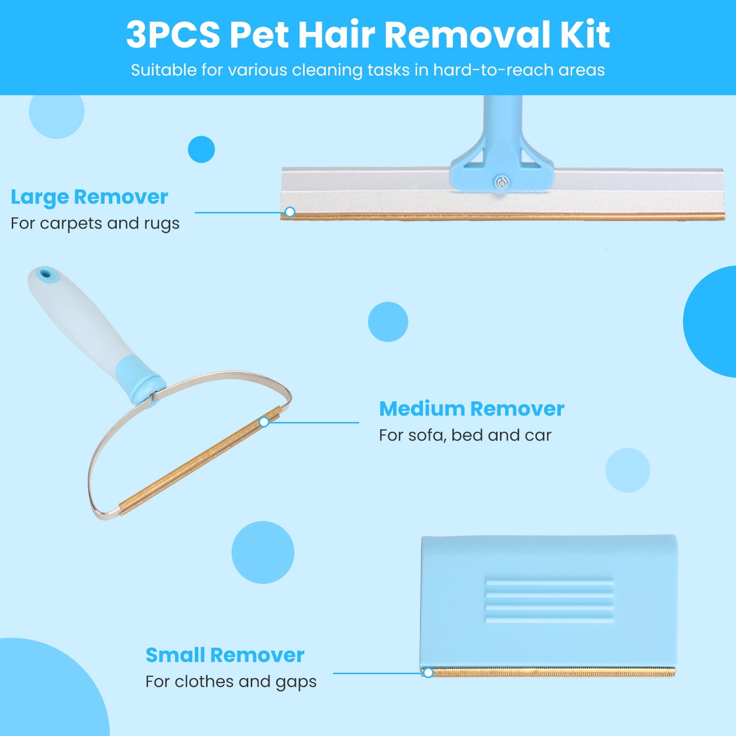 3Pcs Pet Hair Removal Kit Multi-Fabric Dog Cat Hair Scraper Lint Shaver Rake Adjustable Telescopic Rod For Carpet Rug Clothes Couch