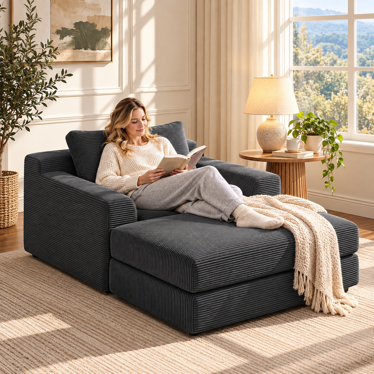 51.2-Inch Folding Chair Bed with Pillow, Corduroy Upholstered Sleeper Chair, Modular Floor Sofa, Dark Grey