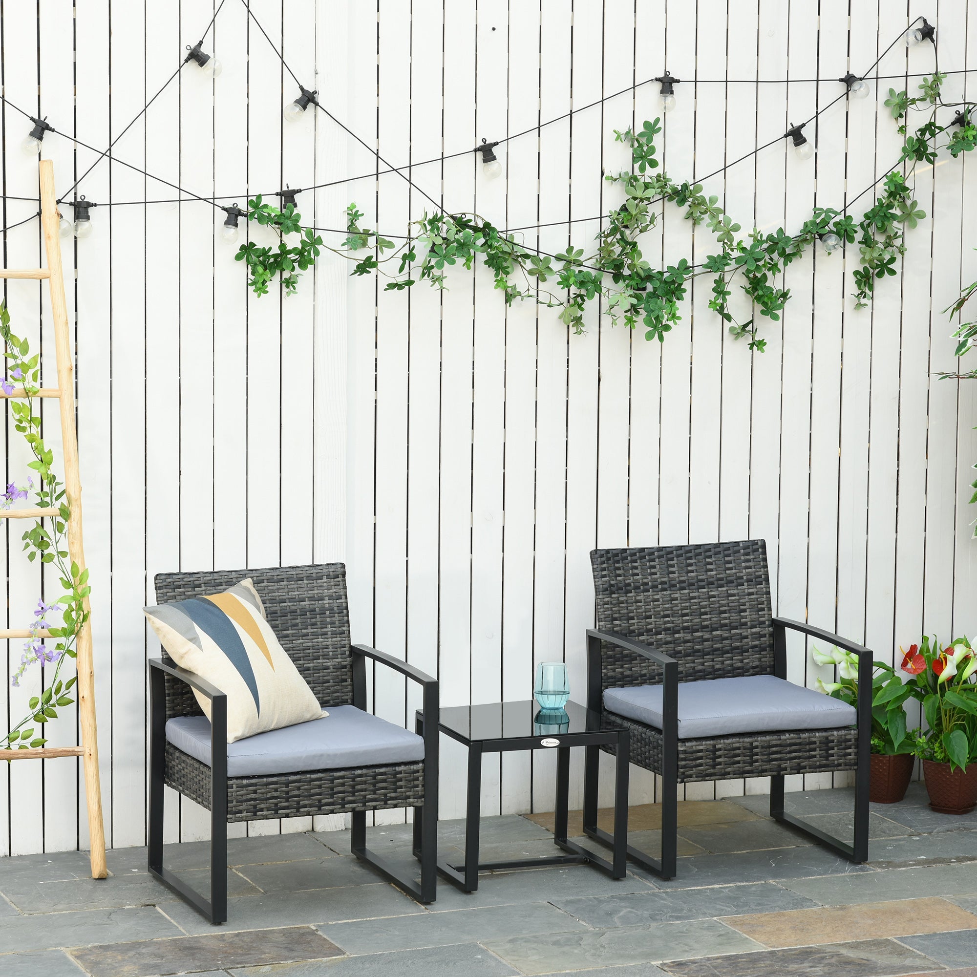Outsunny 3 Pieces Patio Bistro Set, Outdoor PE Rattan Garden Porch Furniture w/ Cushioned Chairs & Tea Table Patio Furniture, Grey 