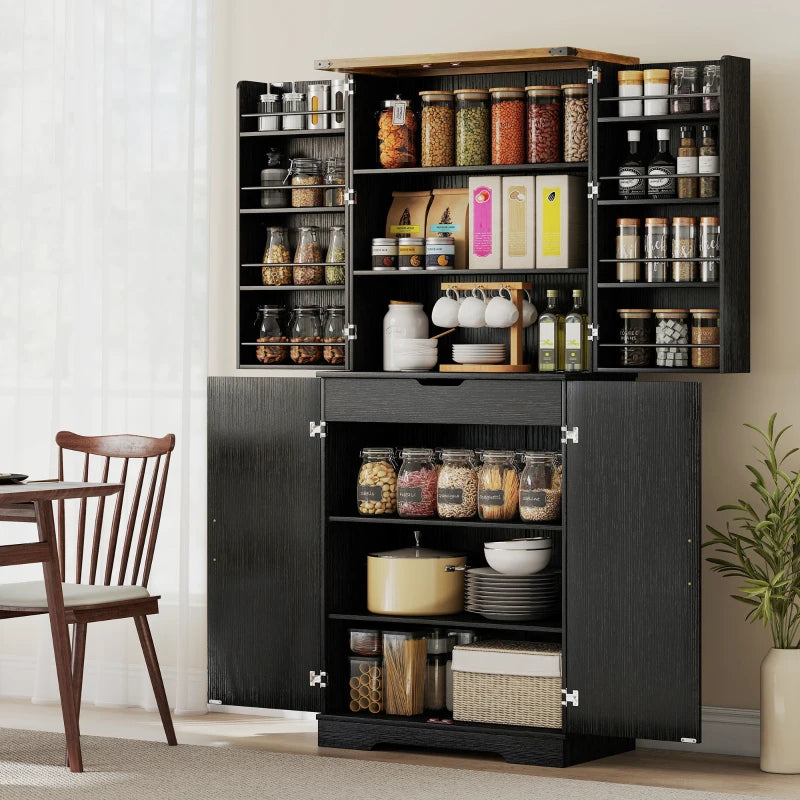 72" Kitchen Pantry Cabinet, Farmhouse Storage Cabinet with 4 Doors, Drawer, 8 Door Shelves and Adjustable Shelf, Black