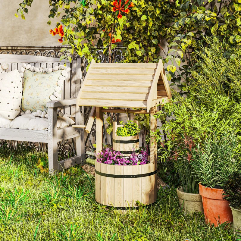 Wood Wishing Well Outdoor Wooden Planter with Hanging Bucket and Drainage Hole for Garden, Patio, Backyard, Natural