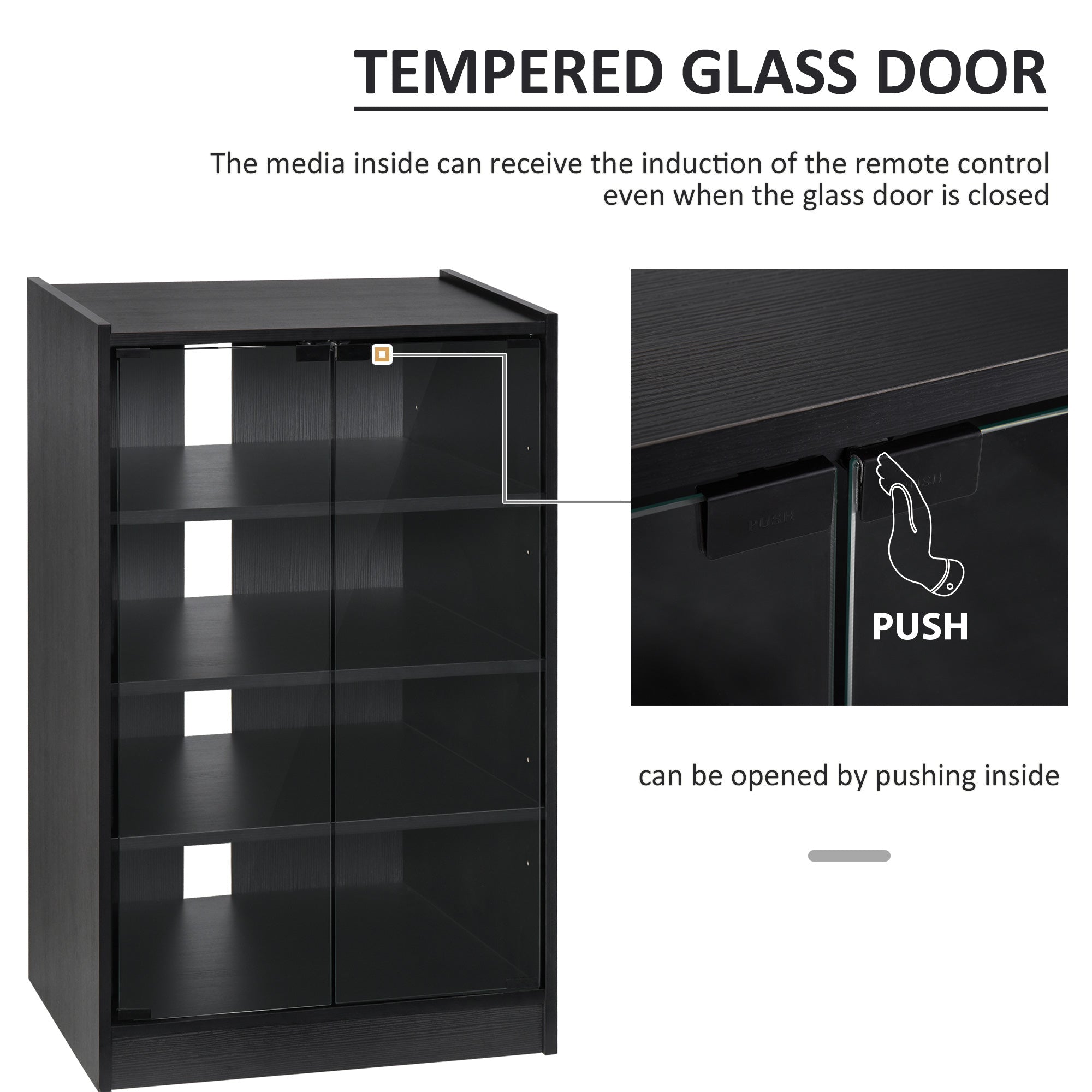 HOMCOM Media Maven: 5-Tier DVD Storage Cabinet with Adjustable Shelves, Tempered Glass Doors, Cable Management, Black Elegance 