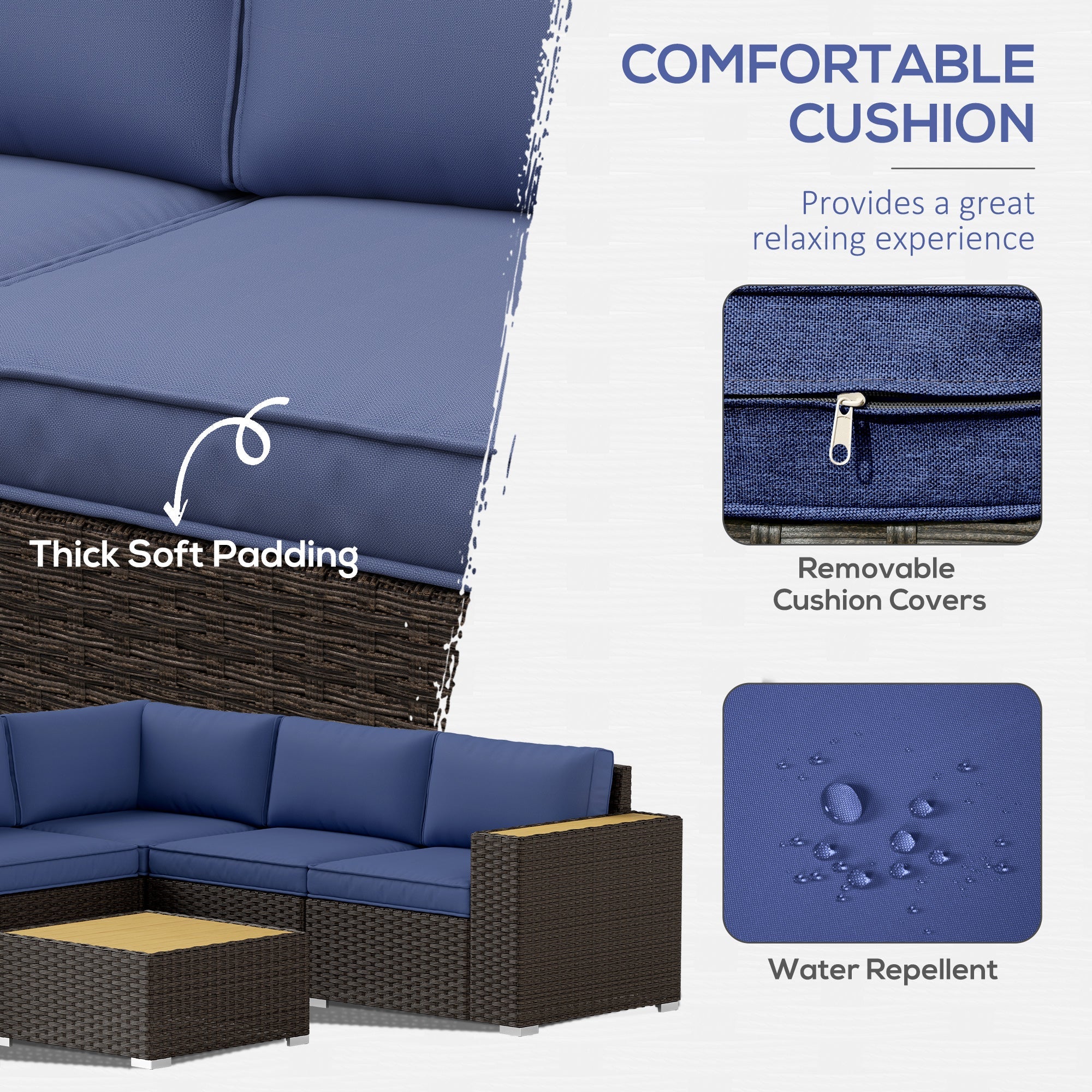 Outsunny 6 Pieces Outdoor Rattan Patio Furniture Set with Corner Sofa, Wood-Plastic Coffee Table, Navy Blue 