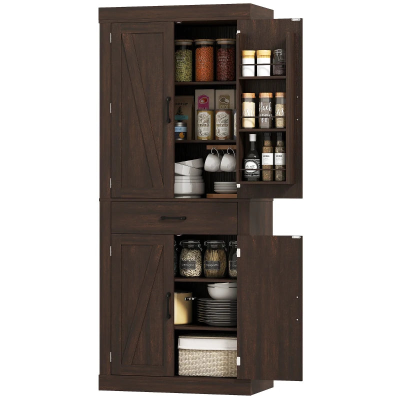 72" Kitchen Pantry Cabinet, Farmhouse Kitchen Storage Cabinet with 4 Barn Doors, 6 Door Shelves, Drawer, Brown