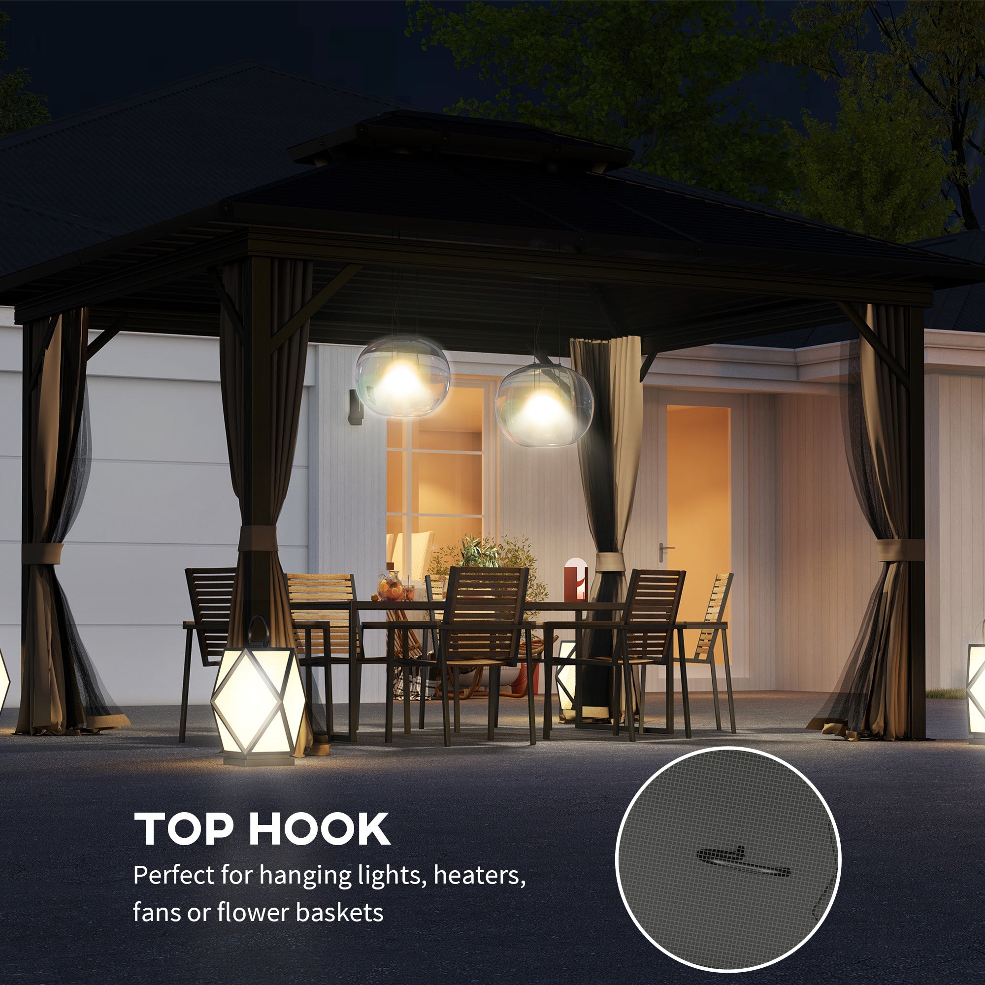 Outsunny 10' x 12' Hardtop Gazebo, Sun Shelter with Double Tier Metal Roof, Mosquito Netting, and Hanging Hook, Dark Brown 