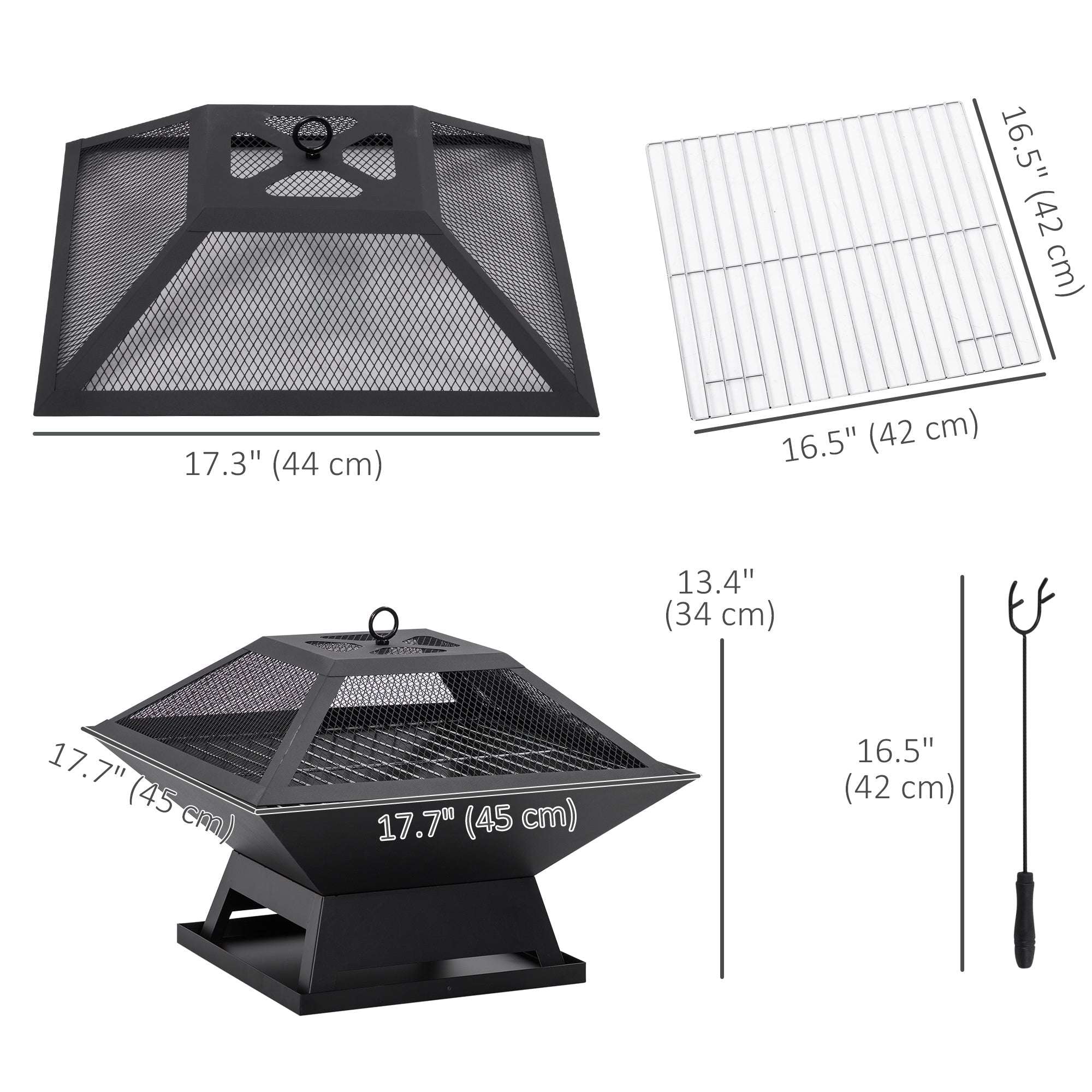 Outsunny Campfire Companion: 17.7"x17.7"x13.4" Portable Wood Burning BBQ Grill Fire Pit with Spark Screen, Poker, Camping, Black 