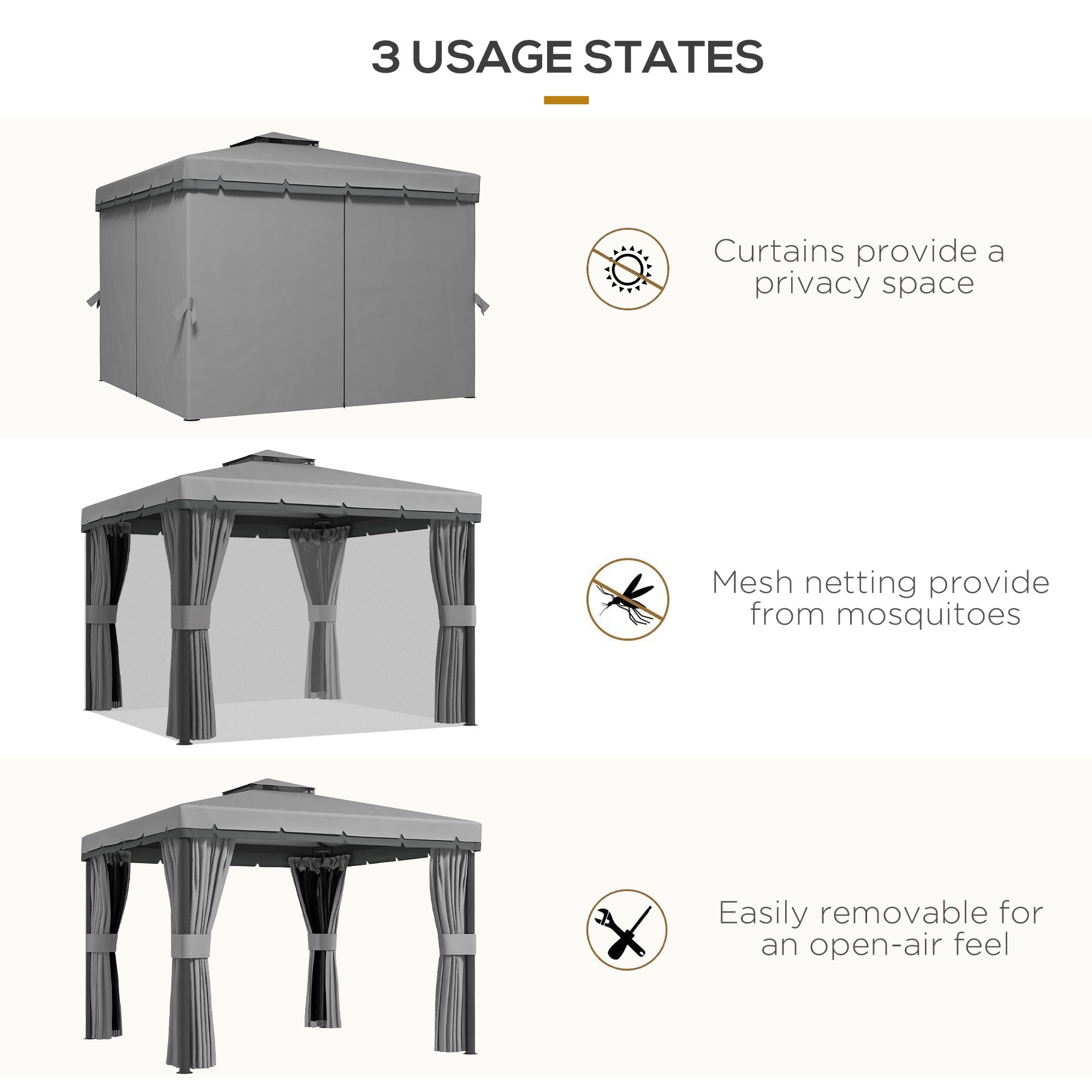 Outsunny 10' x 10' 2-Tier Outdoor Gazebo Canopy Tent with Zippered Mesh Sidewalls, Aluminum Frame for Patio, Backyard Light Grey 