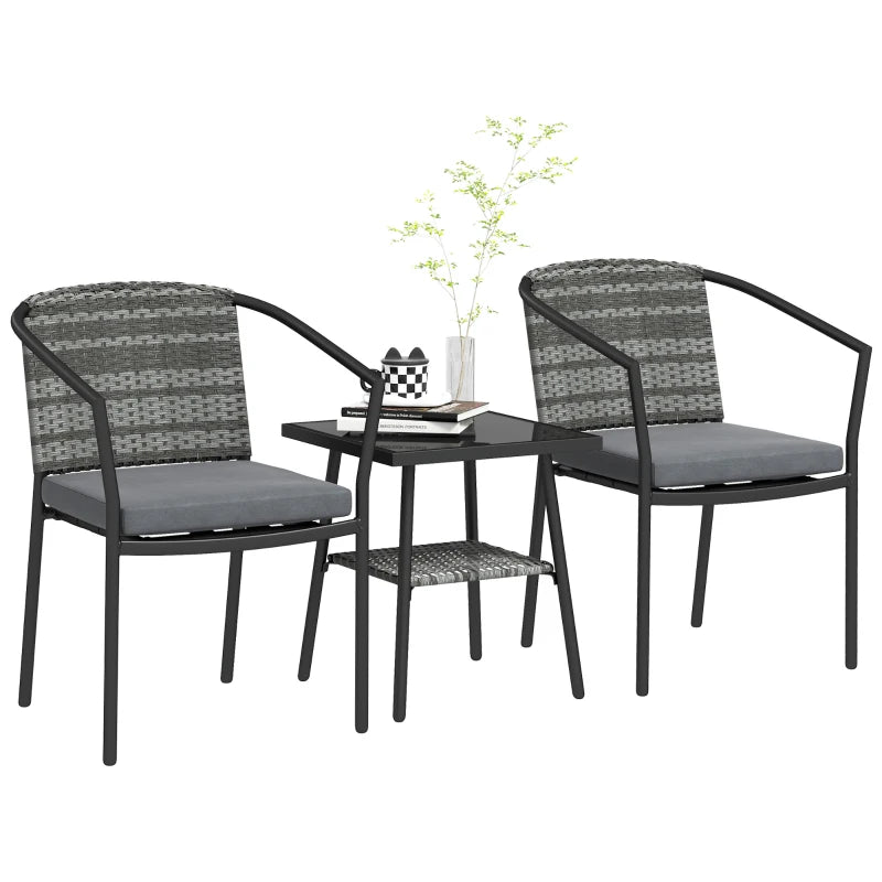 Outdoor Bistro Set, 3 Piece Wicker Patio Furniture Set with Armchairs, 2-Tier Glass Table, Cushions, Dark Grey