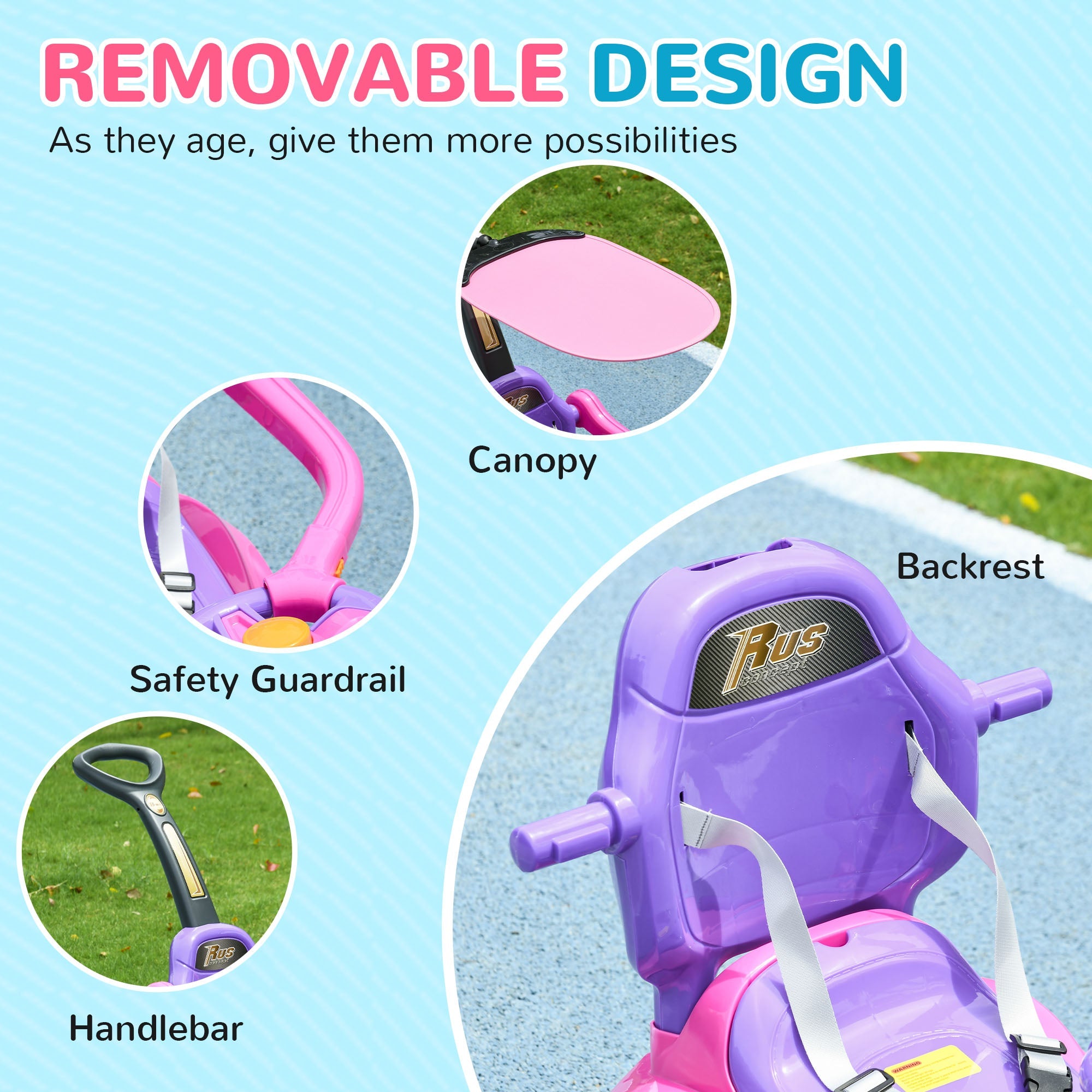 Qaba 3 in 1 Kids Push Car Toddler Sliding Car, Foot to Floor Design with Music, Light, Handle, Removable Canopy, Pink 