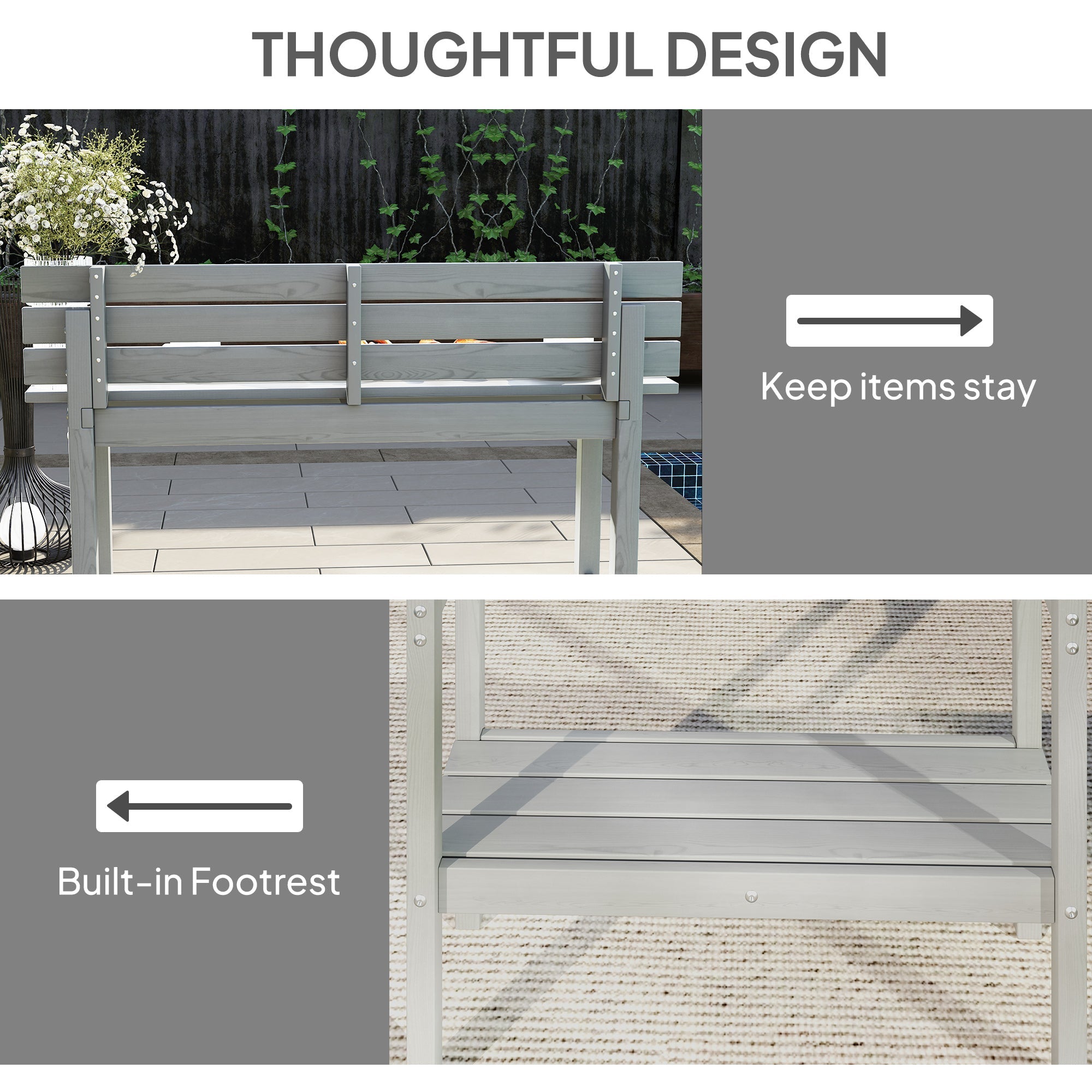 Outsunny 110cm Rectangle Outdoor Bar Table with Built-in Footrest, Slatted Top, Grey 