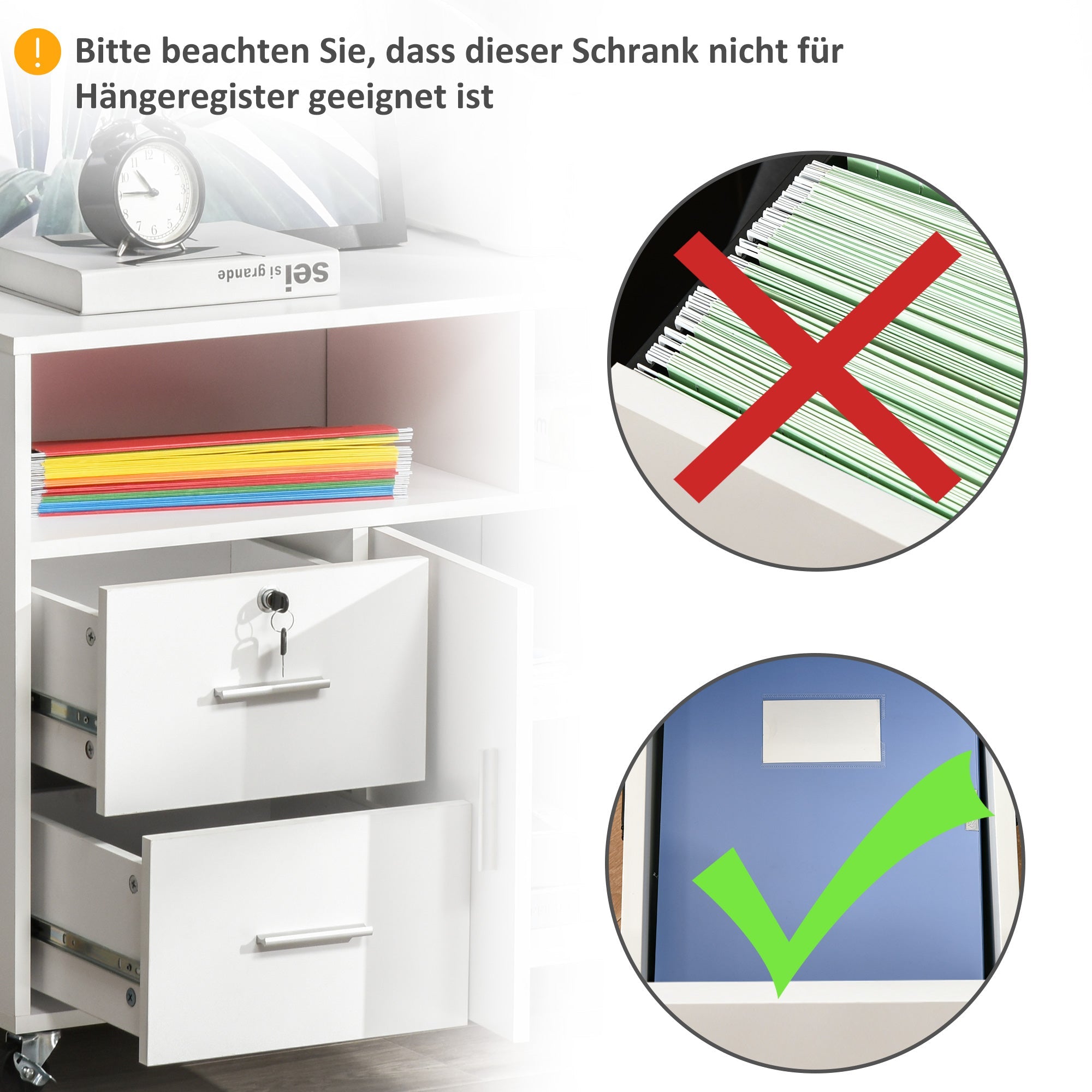 HOMCOM Mobile Printer Stand: File Cabinet with Lockable Drawer & Casters for Home Office, White 