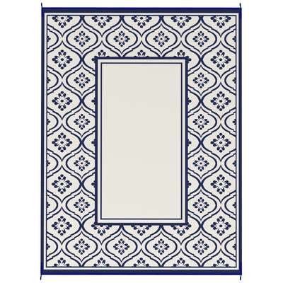 Outsunny 9' x 12' Outdoor RV Rug, Reversible Patio Floor Mat with Carry Bag, Gourd Border, Blue and White 