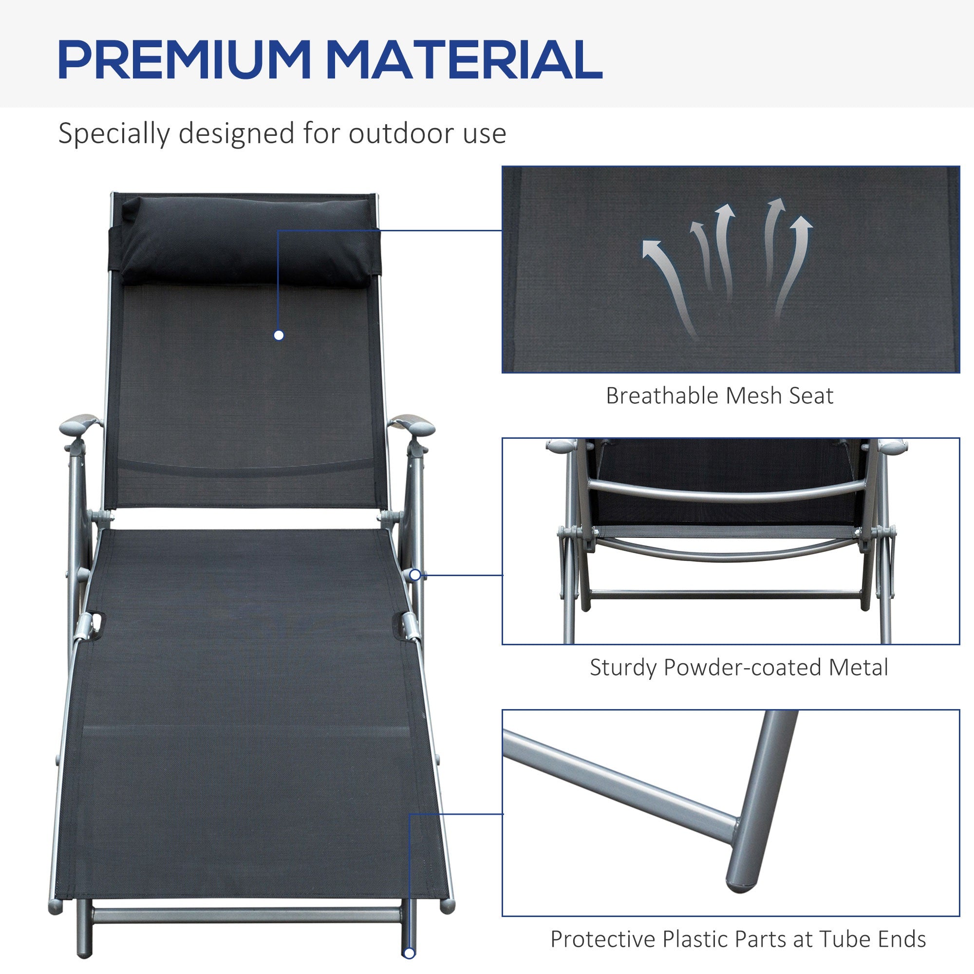 Outsunny Adjustable Folding Reclining Chair Heavy-duty Outdoor Sun Lounger Patio Chaise Black 