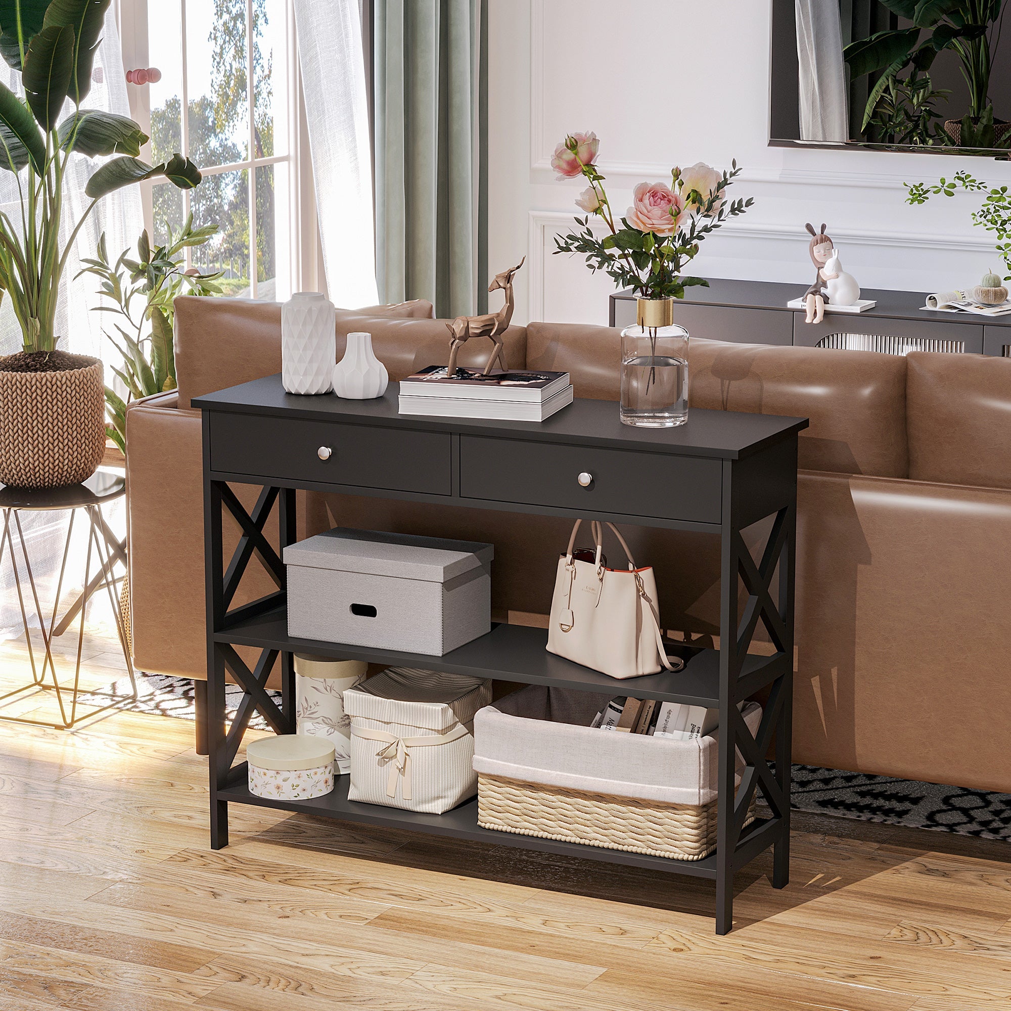 HOMCOM Sofa Side Table Console with Storage Shelves Drawers for Living Room Entryway X Frame Black 