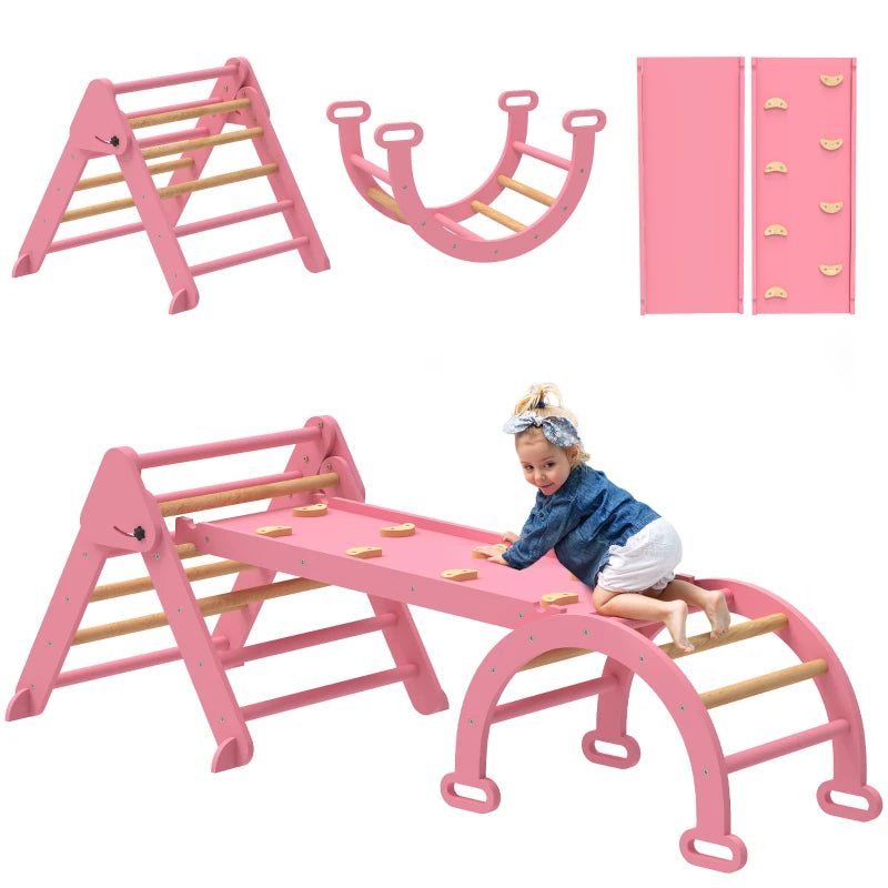 Qaba 7-in-1 Pikler Triangle Set, Foldable Wooden Climbing Toys with Arch, Ramp and Ladder for Toddlers 1-4 Years, Pink