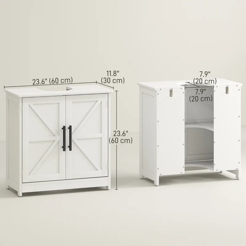 Farmhouse Pedestal Sink Storage Cabinet, Bathroom Under Sink Cabinet with 2 Barn Doors and Adjustable Shelf, White