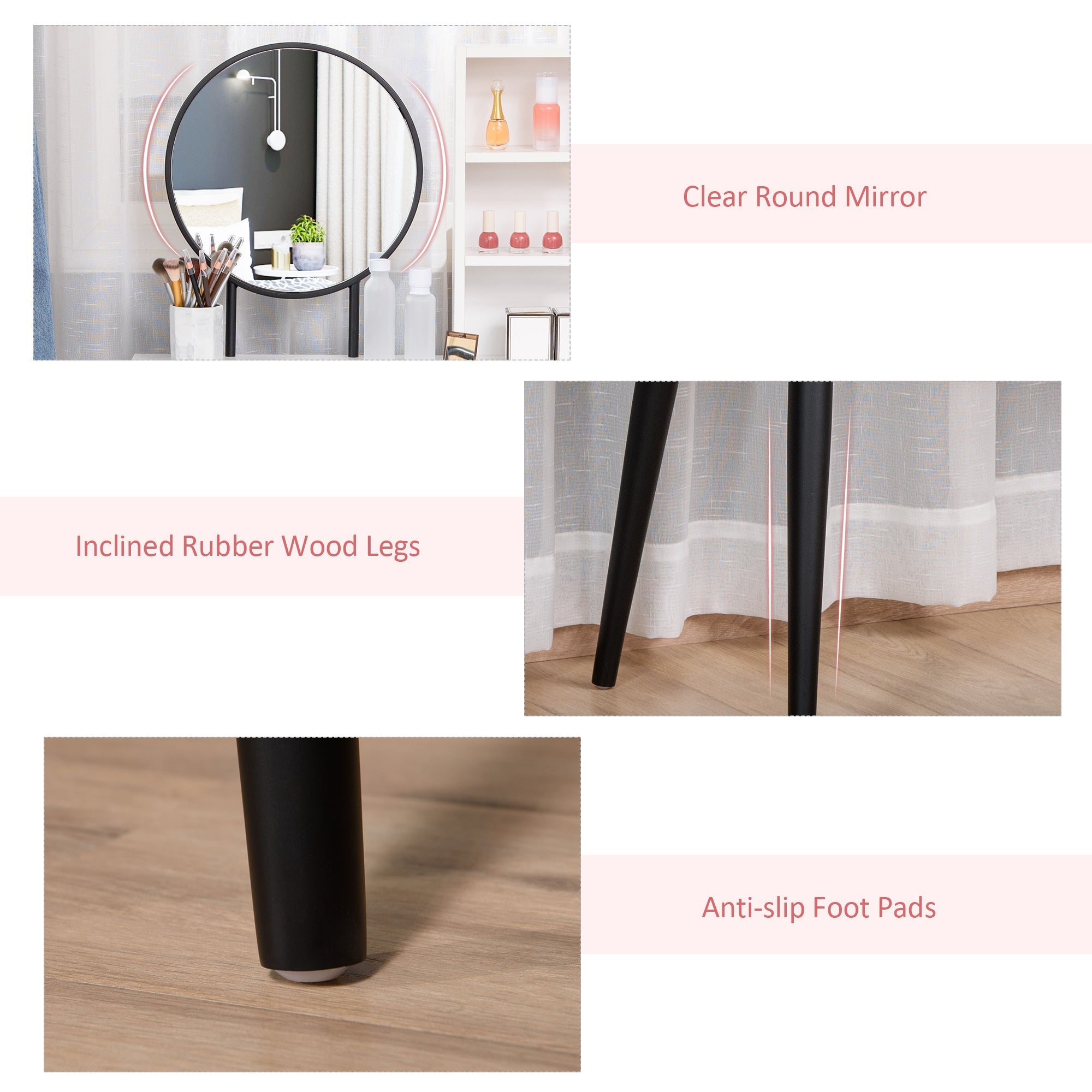 HOMCOM Stylish Vanity Set Makeup Dressing Table with Stool Wood Desk Mirror Storage Drawers Shelf White Black for Bedroom 