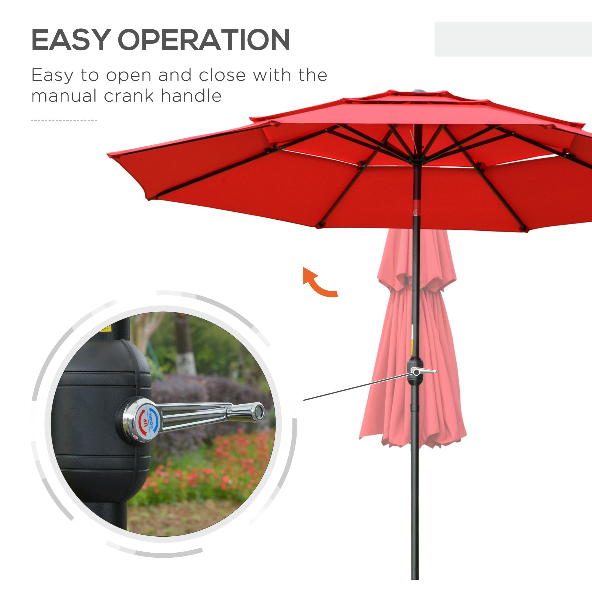 Outsunny 9FT Patio Umbrella 3 Tiers Outdoor Market Umbrella Crank Push Button Tilt for Deck Backyard Lawn Red 